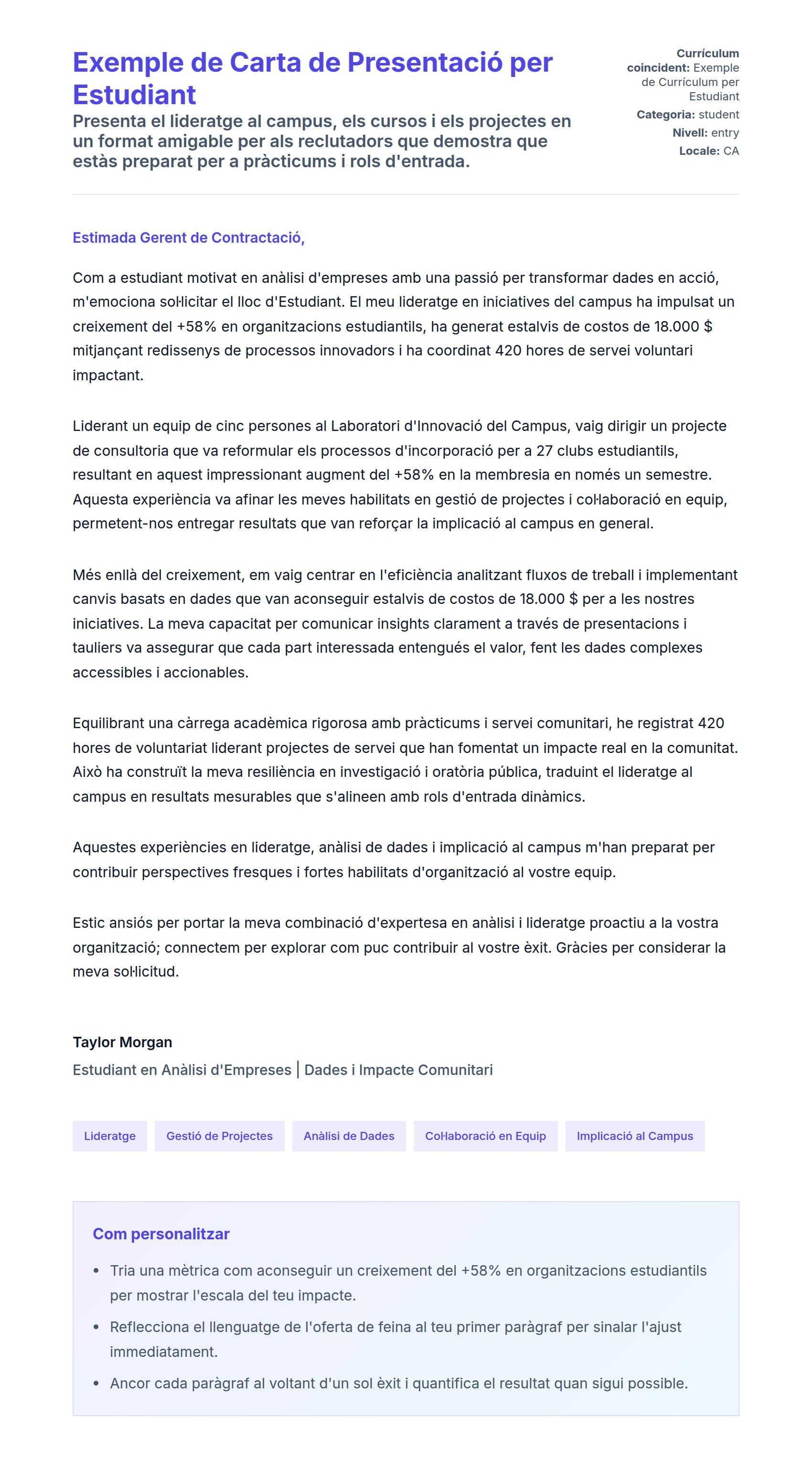 Previsualització de la carta de presentació per a Exemple de Carta de Presentació per Estudiant