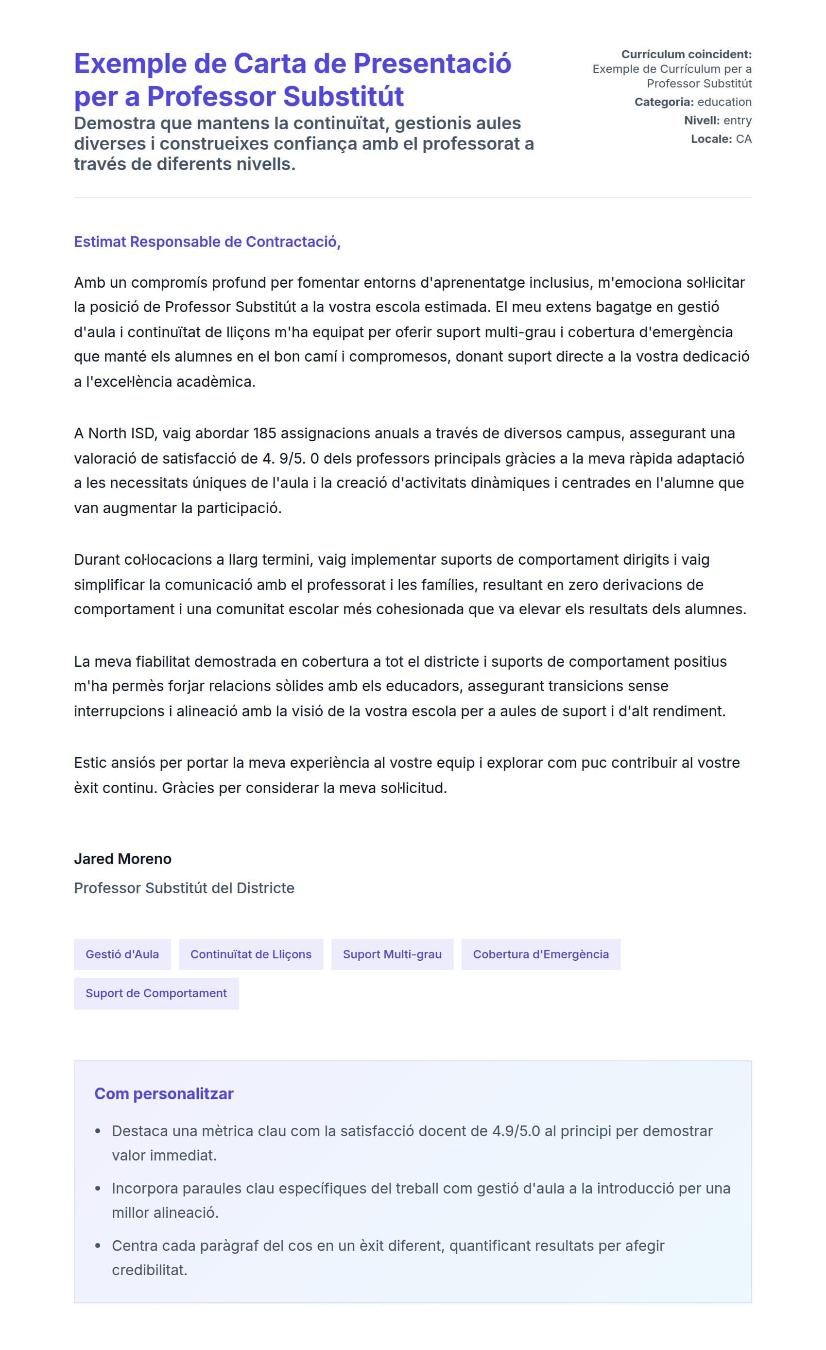 Previsualització de la carta de presentació per a Exemple de Carta de Presentació per a Professor Substitút