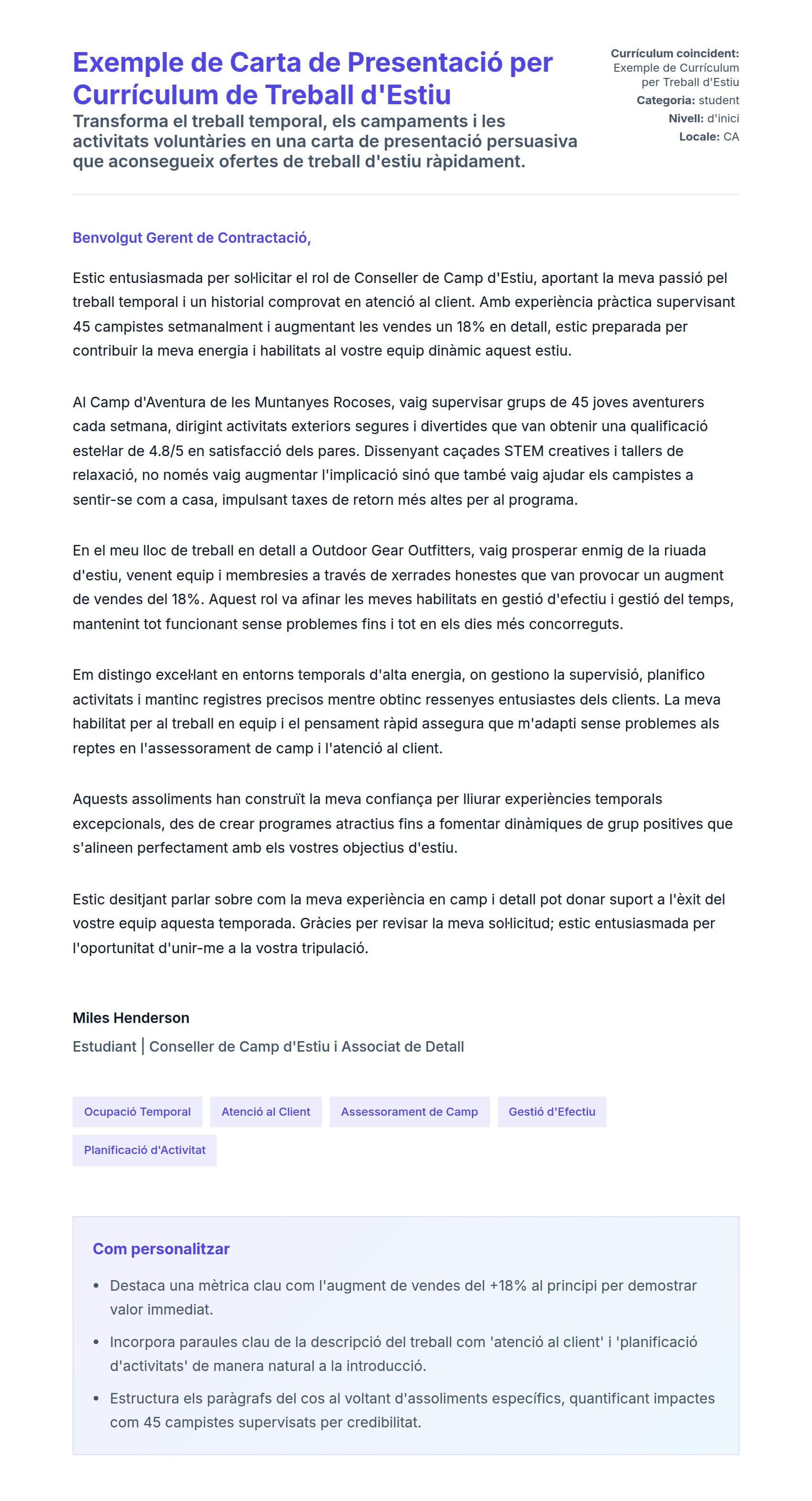Previsualització de la carta de presentació per a Exemple de Carta de Presentació per Currículum de Treball d'Estiu