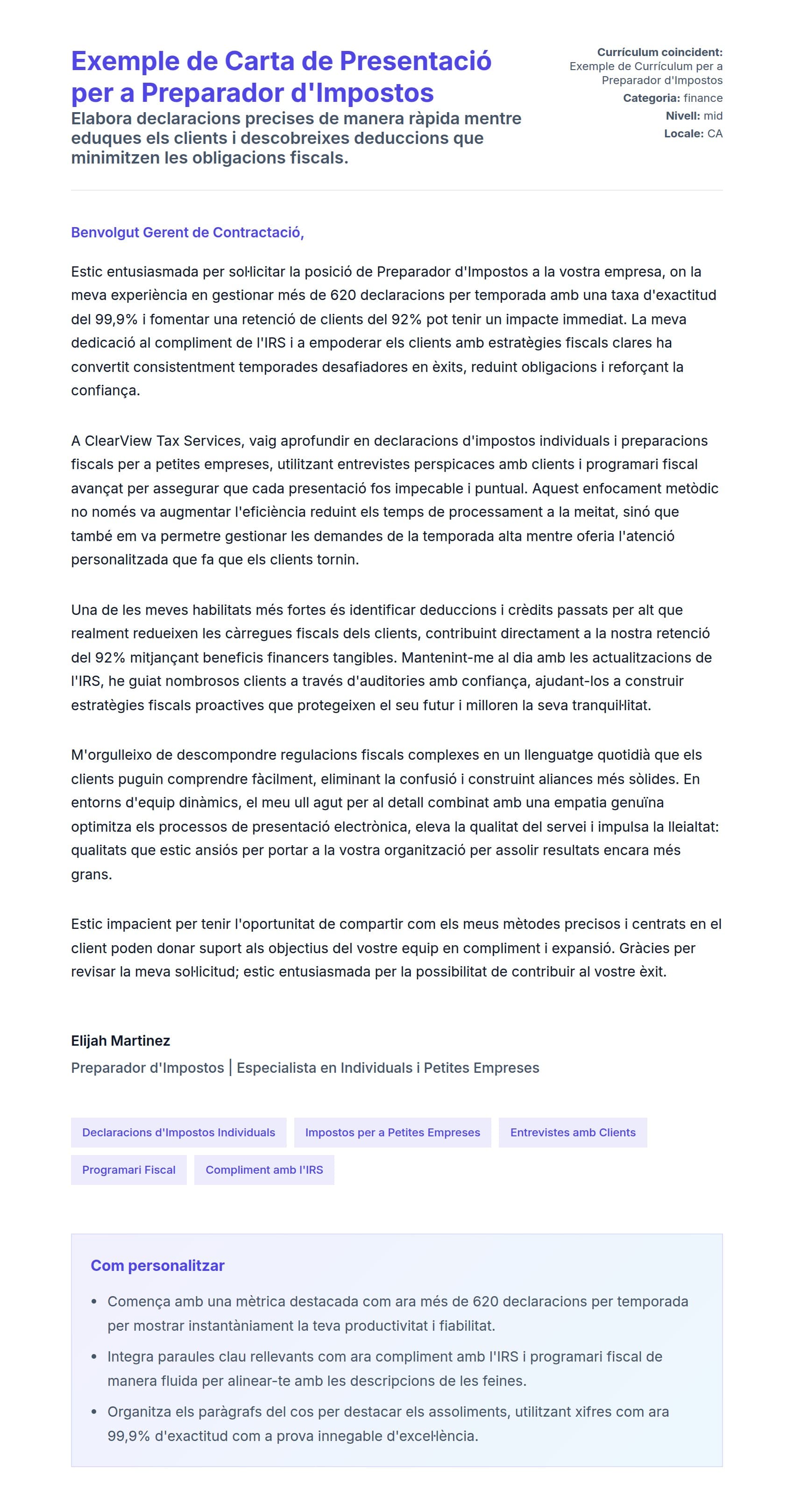 Previsualització de la carta de presentació per a Exemple de Carta de Presentació per a Preparador d'Impostos