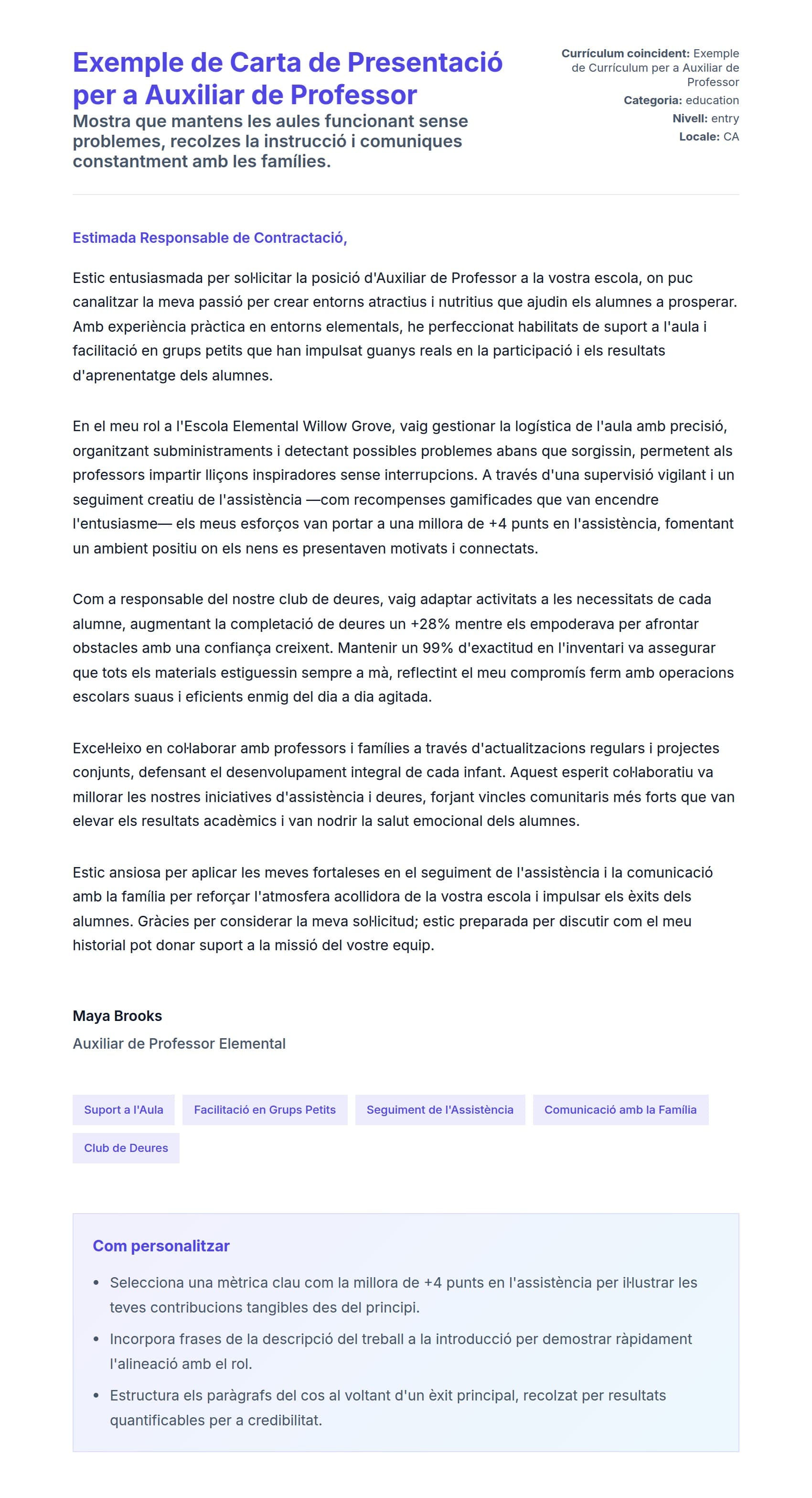 Previsualització de la carta de presentació per a Exemple de Carta de Presentació per a Auxiliar de Professor