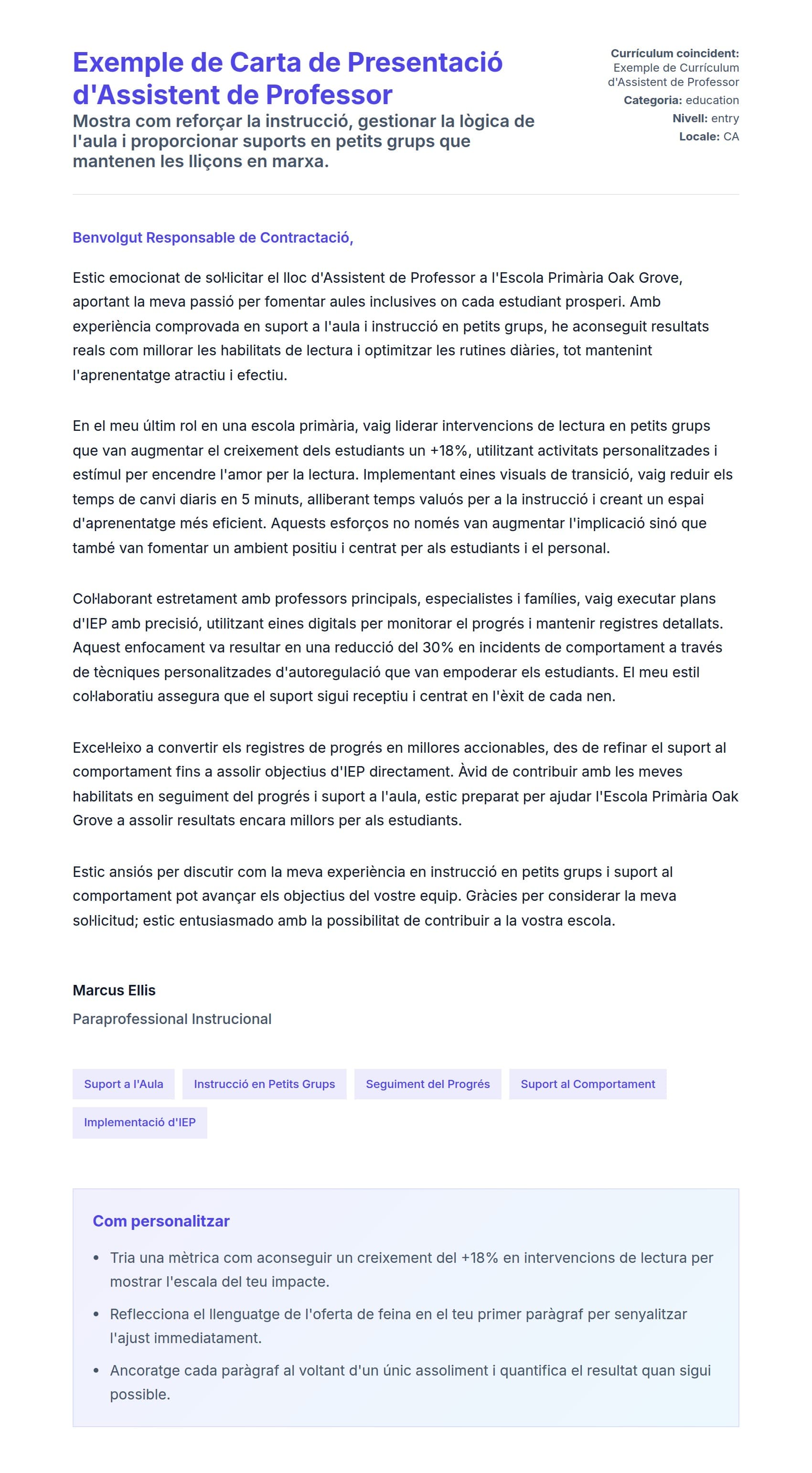 Previsualització de la carta de presentació per a Exemple de Carta de Presentació d'Assistent de Professor