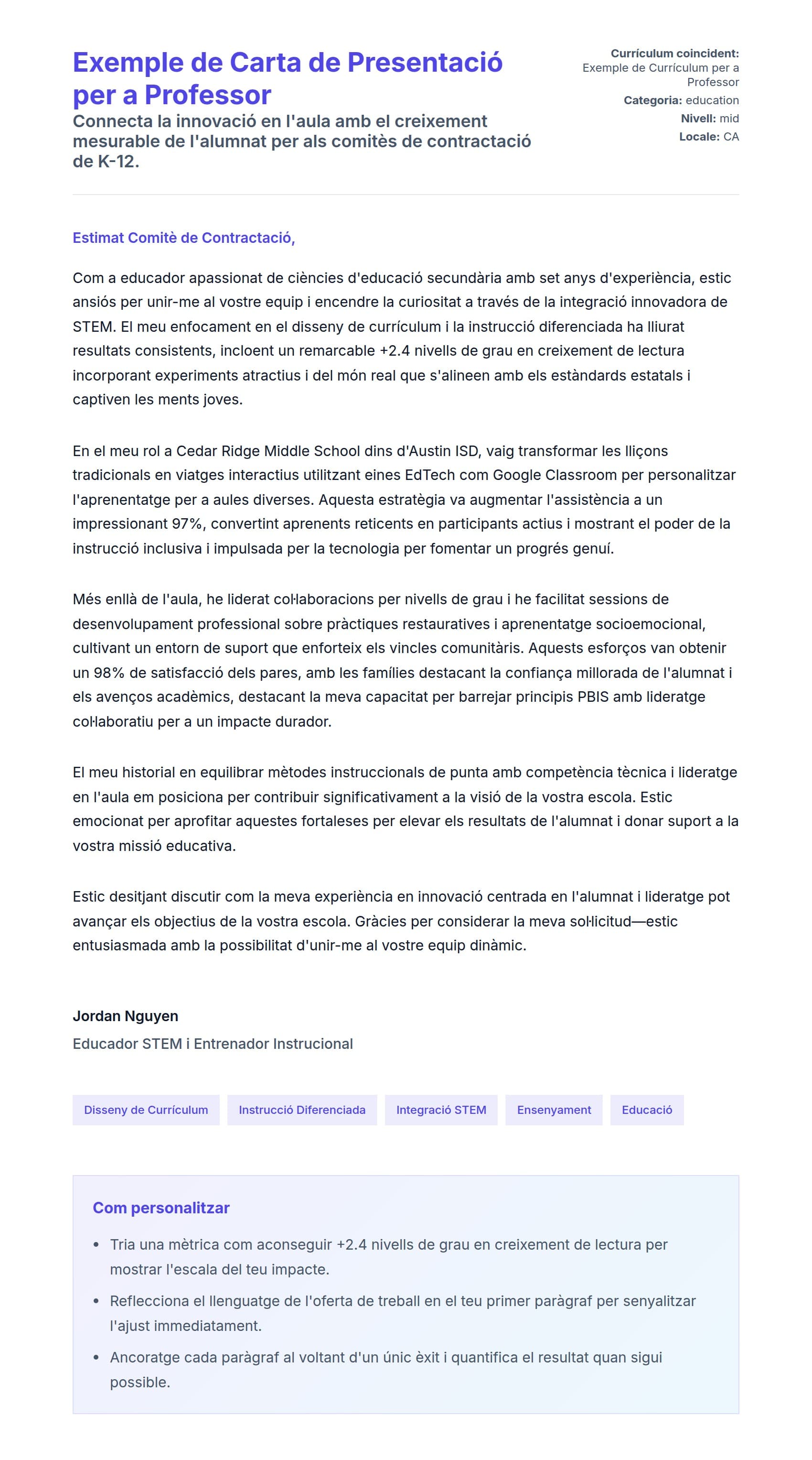 Previsualització de la carta de presentació per a Exemple de Carta de Presentació per a Professor