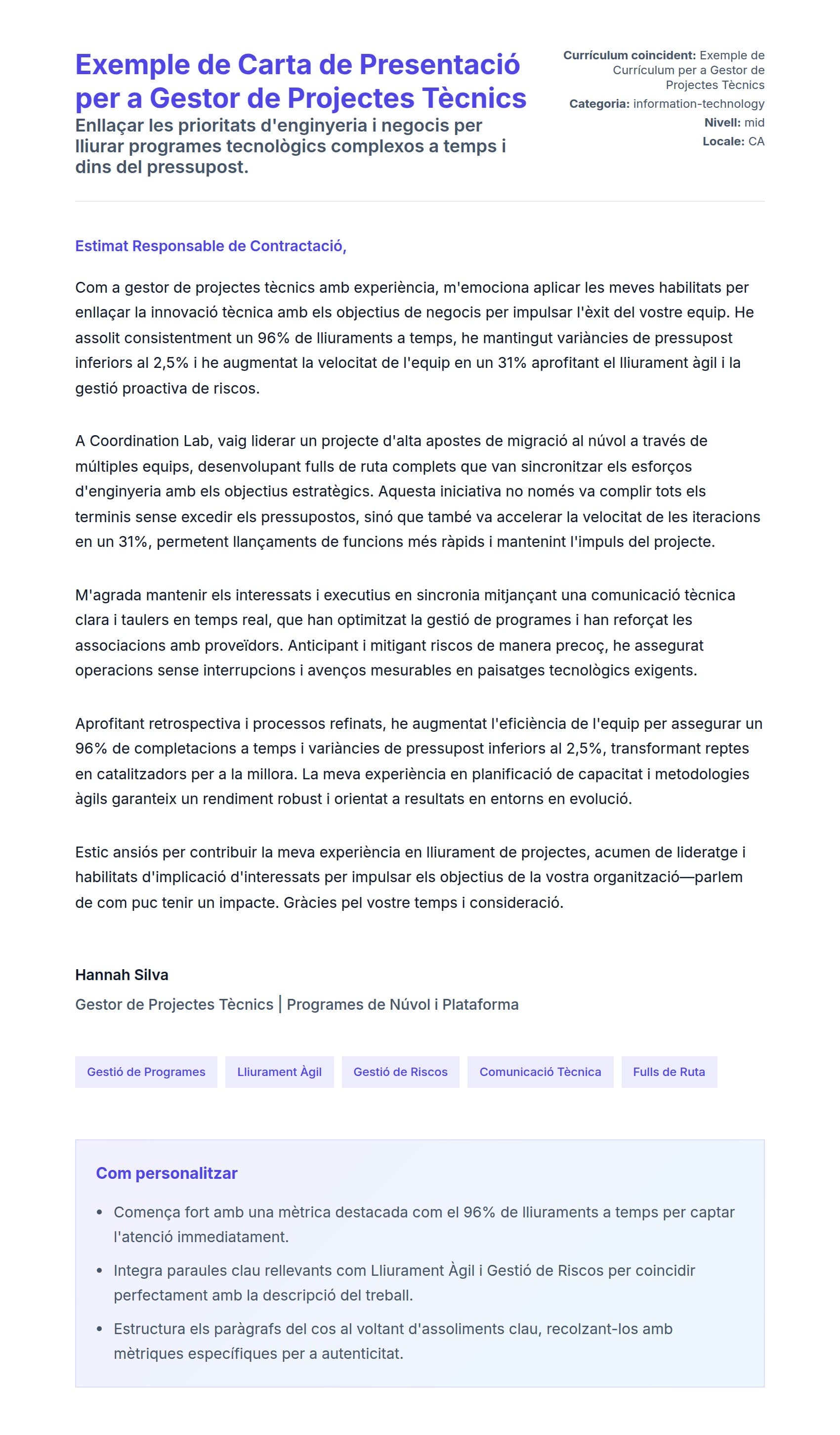 Previsualització de la carta de presentació per a Exemple de Carta de Presentació per a Gestor de Projectes Tècnics