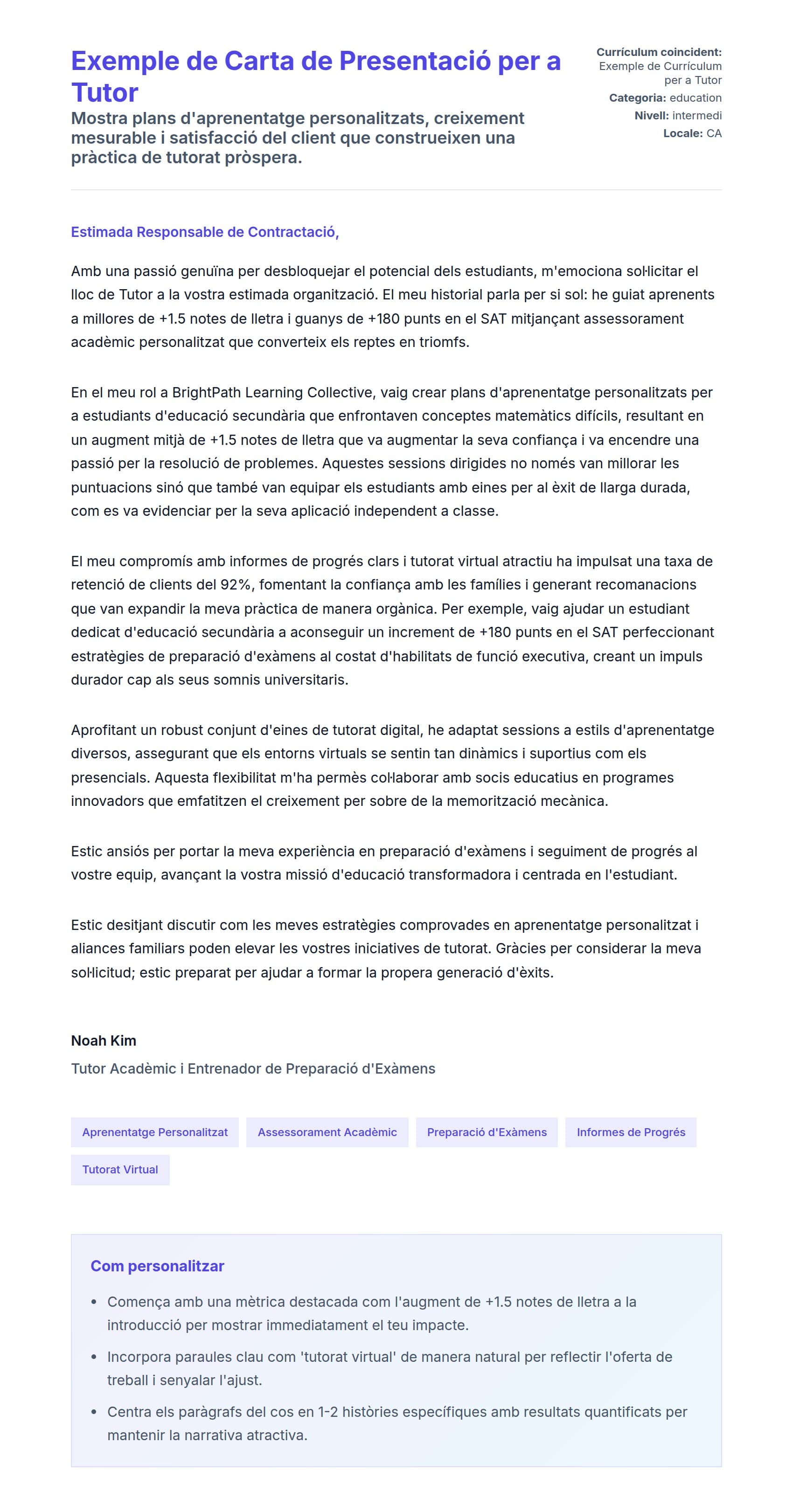 Previsualització de la carta de presentació per a Exemple de Carta de Presentació per a Tutor