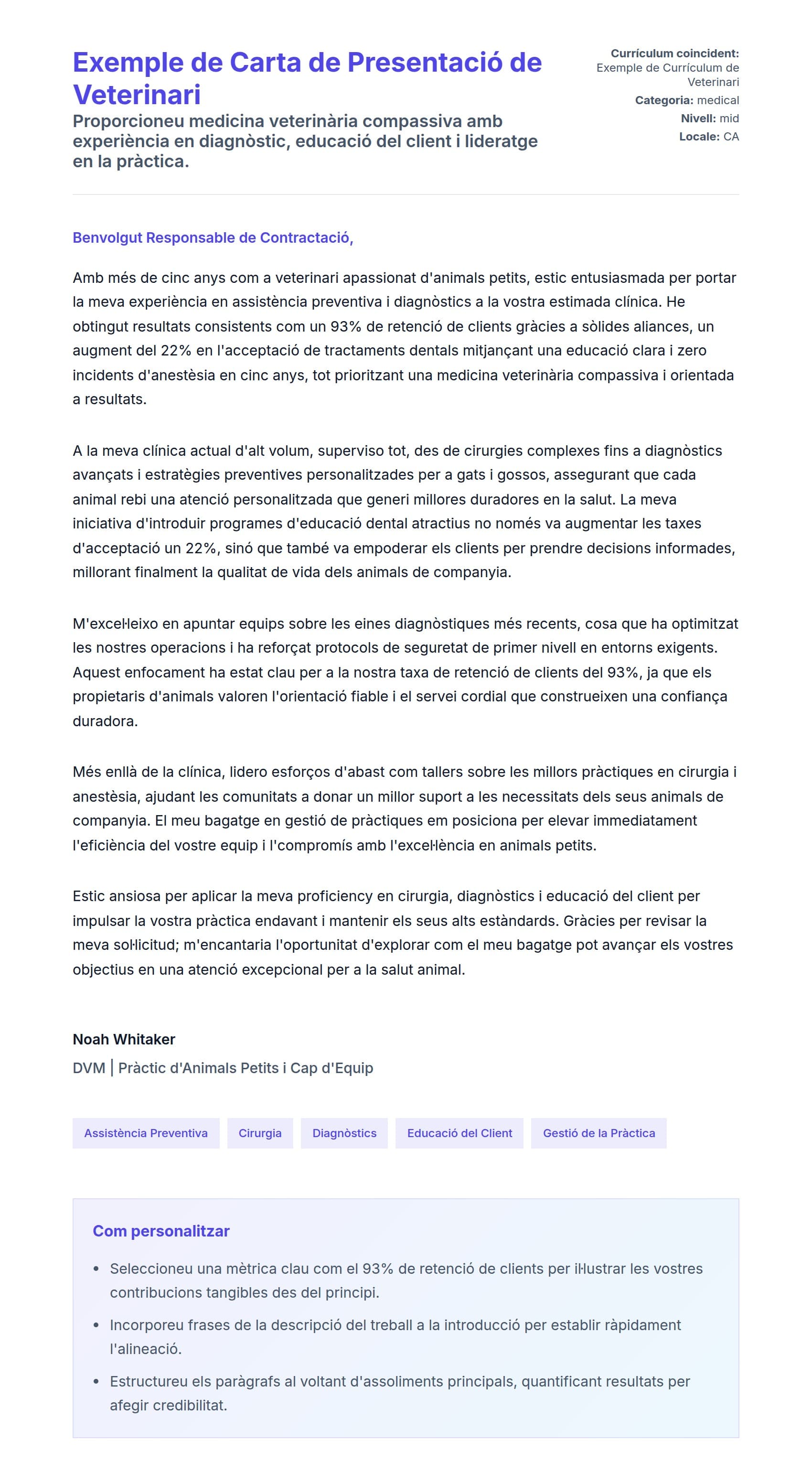 Previsualització de la carta de presentació per a Exemple de Carta de Presentació de Veterinari