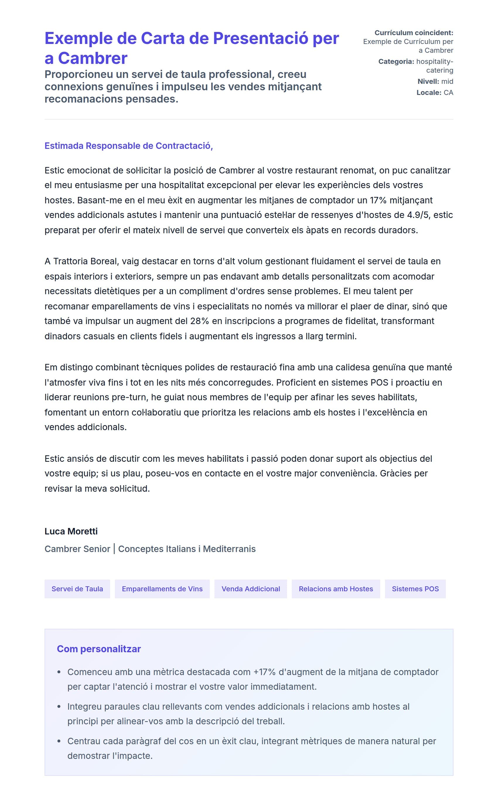 Previsualització de la carta de presentació per a Exemple de Carta de Presentació per a Cambrer