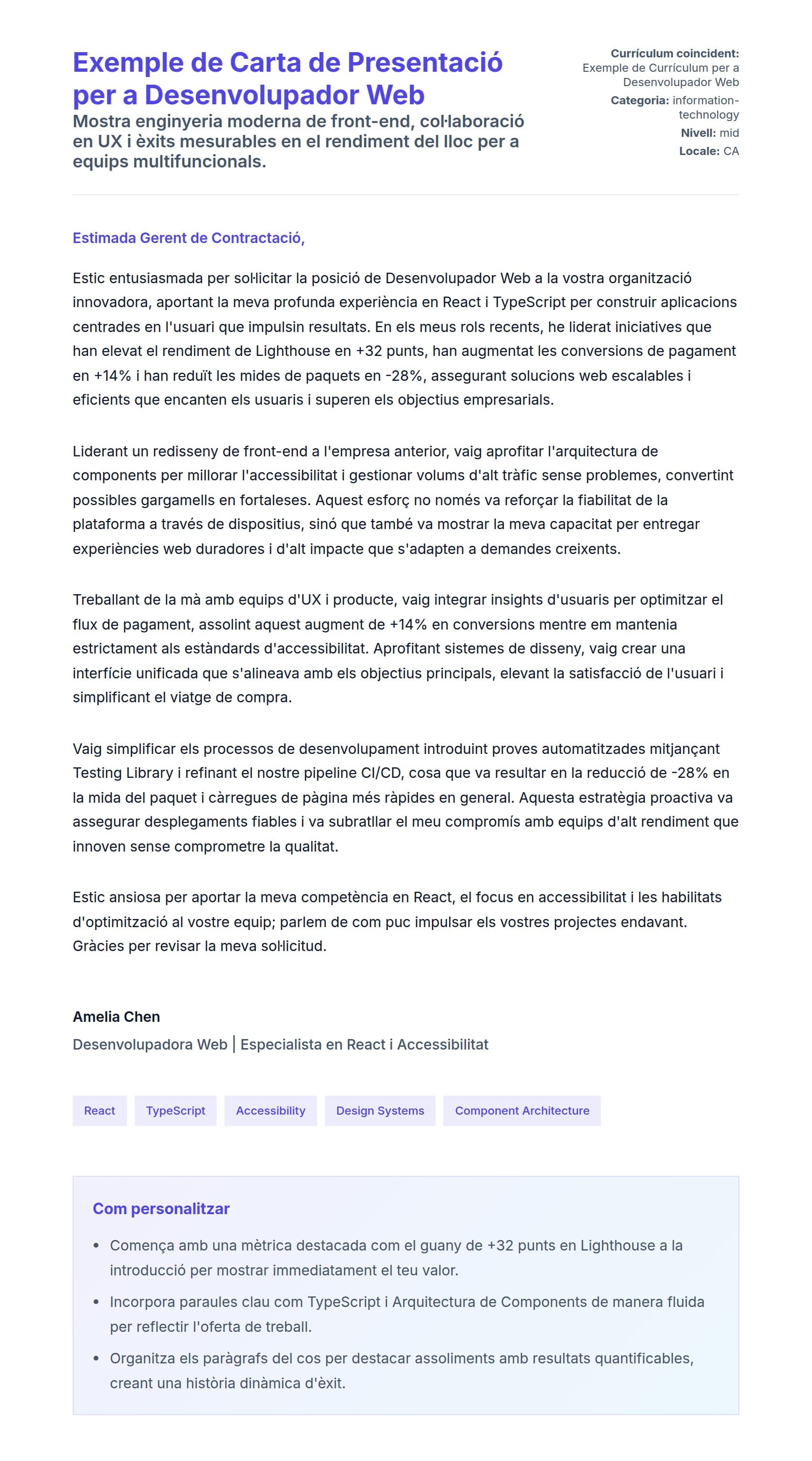 Previsualització de la carta de presentació per a Exemple de Carta de Presentació per a Desenvolupador Web