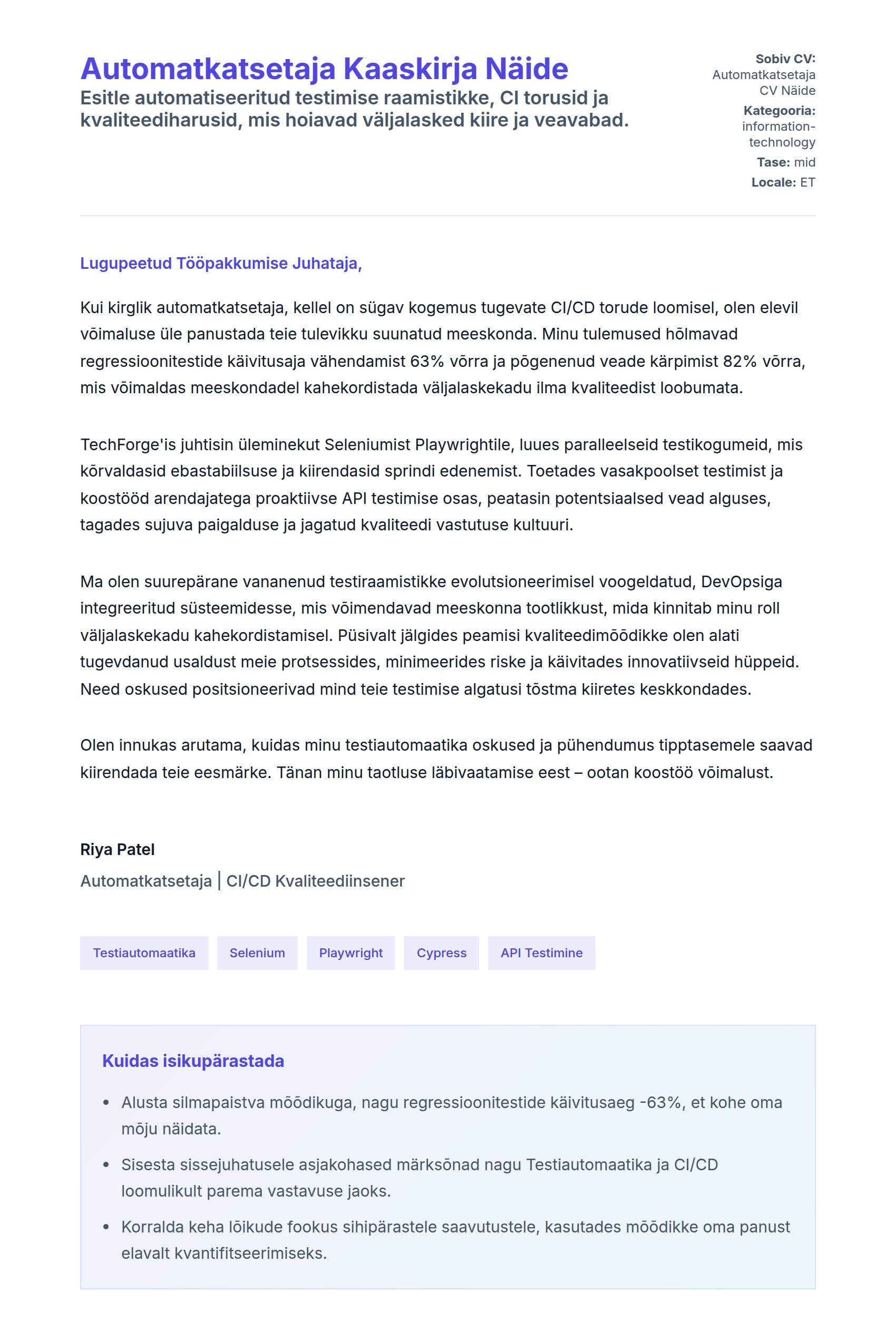 Kaaskirja eelvaade Automatkatsetaja Kaaskirja Näide jaoks