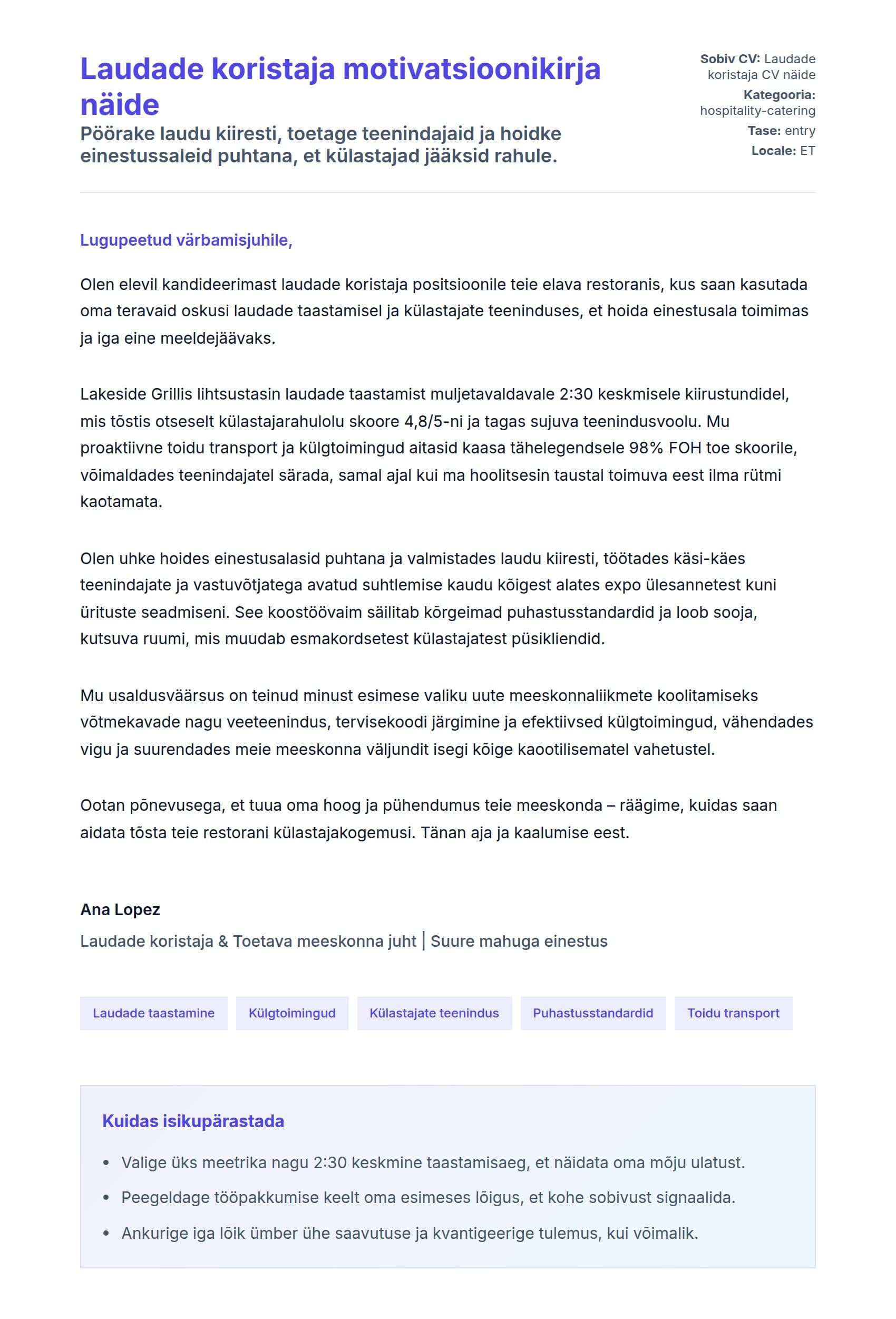 Kaaskirja eelvaade Laudade koristaja motivatsioonikirja näide jaoks