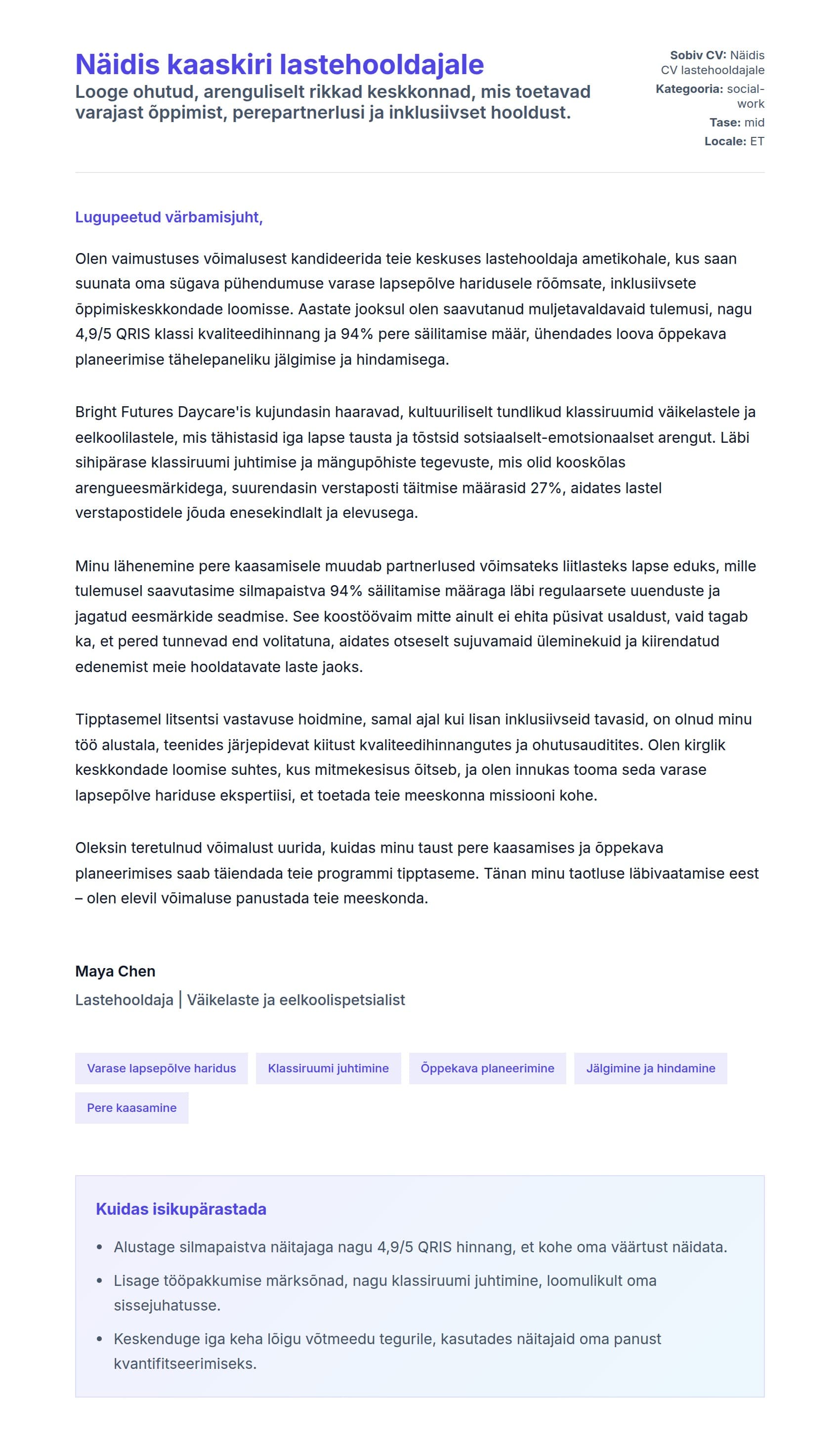 Kaaskirja eelvaade Näidis kaaskiri lastehooldajale jaoks