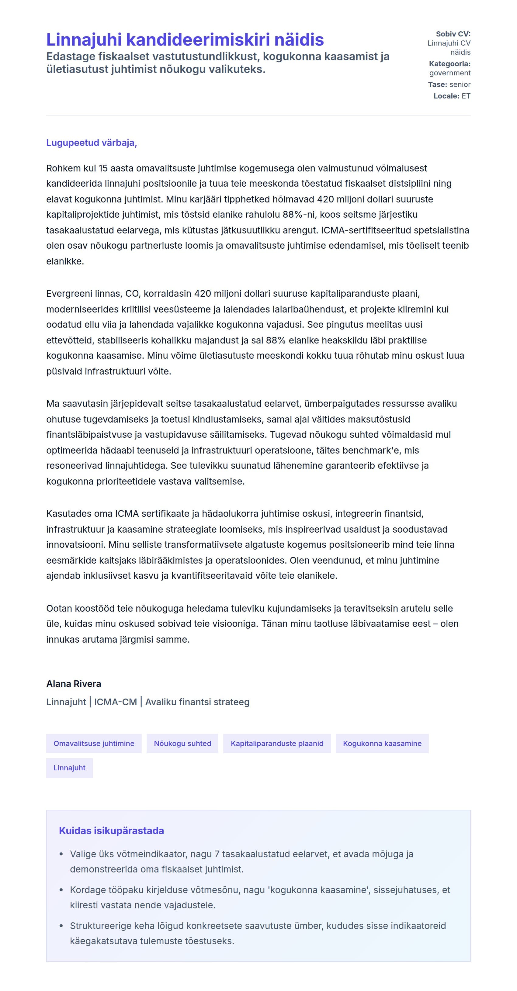 Kaaskirja eelvaade Linnajuhi kandideerimiskiri näidis jaoks