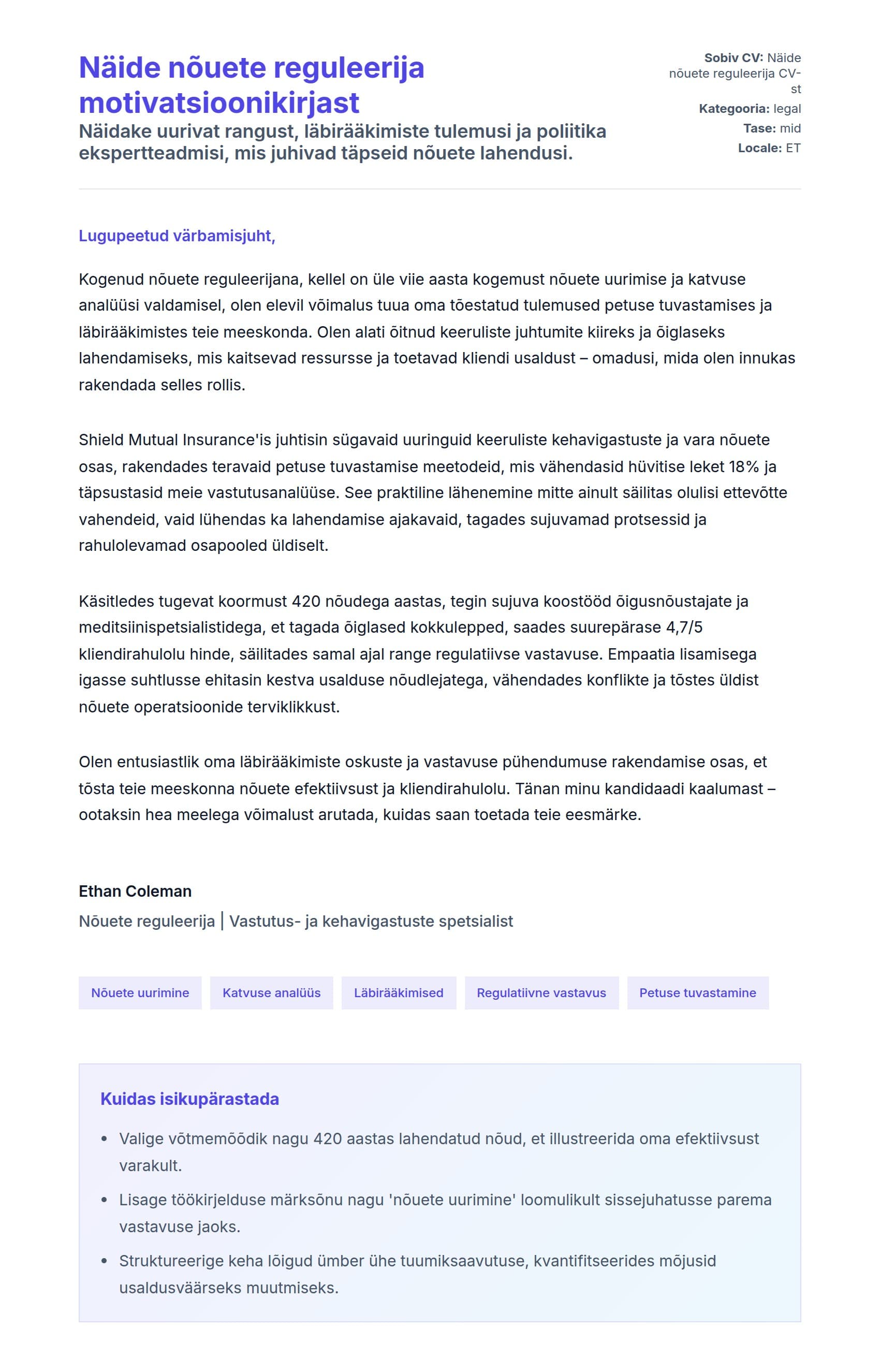 Kaaskirja eelvaade Näide nõuete reguleerija motivatsioonikirjast jaoks