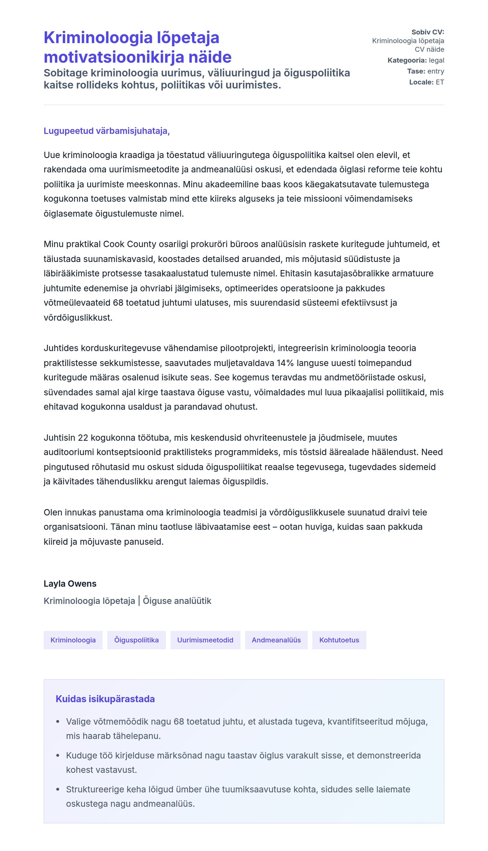 Kaaskirja eelvaade Kriminoloogia lõpetaja motivatsioonikirja näide jaoks