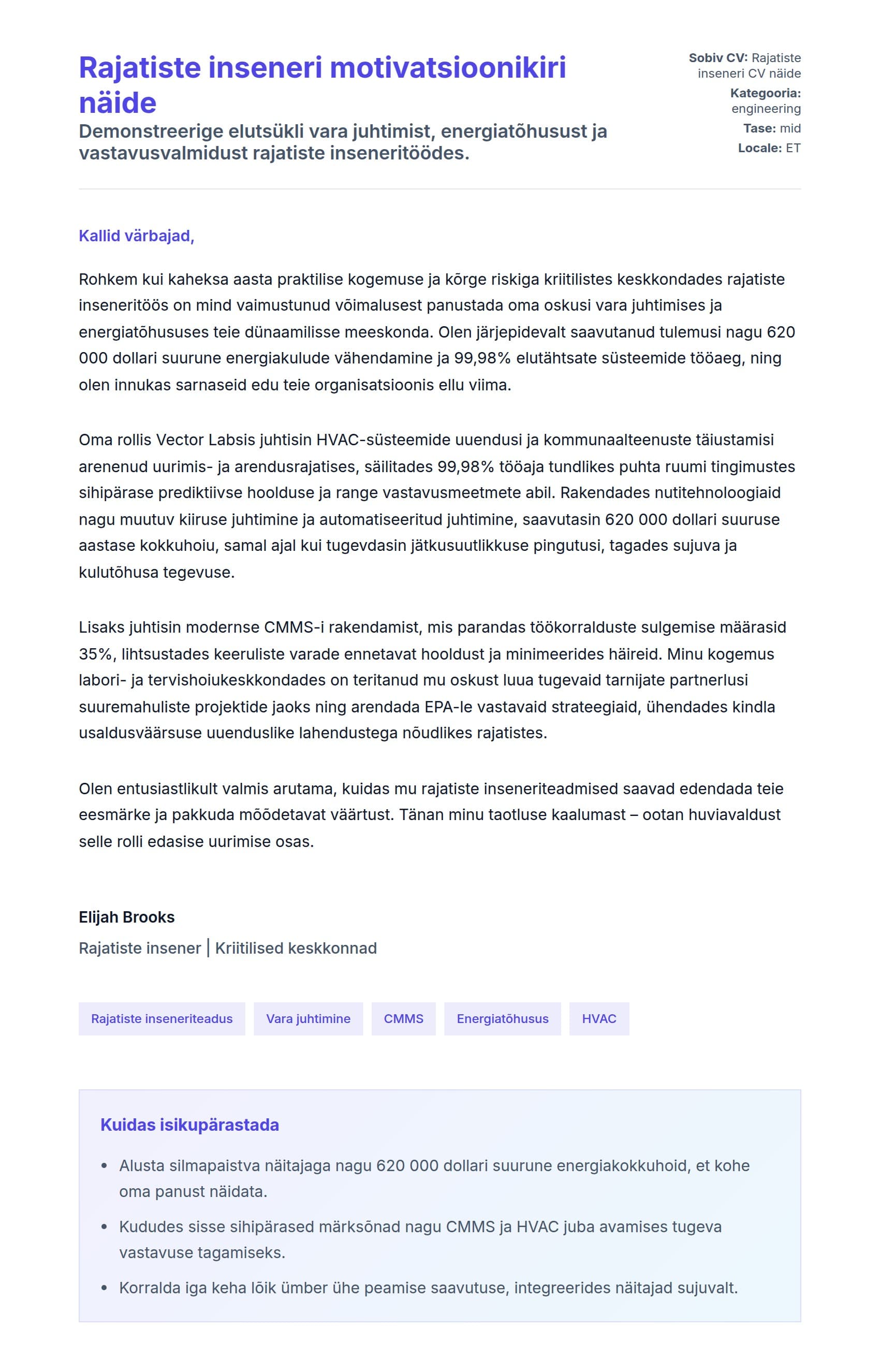 Kaaskirja eelvaade Rajatiste inseneri motivatsioonikiri näide jaoks