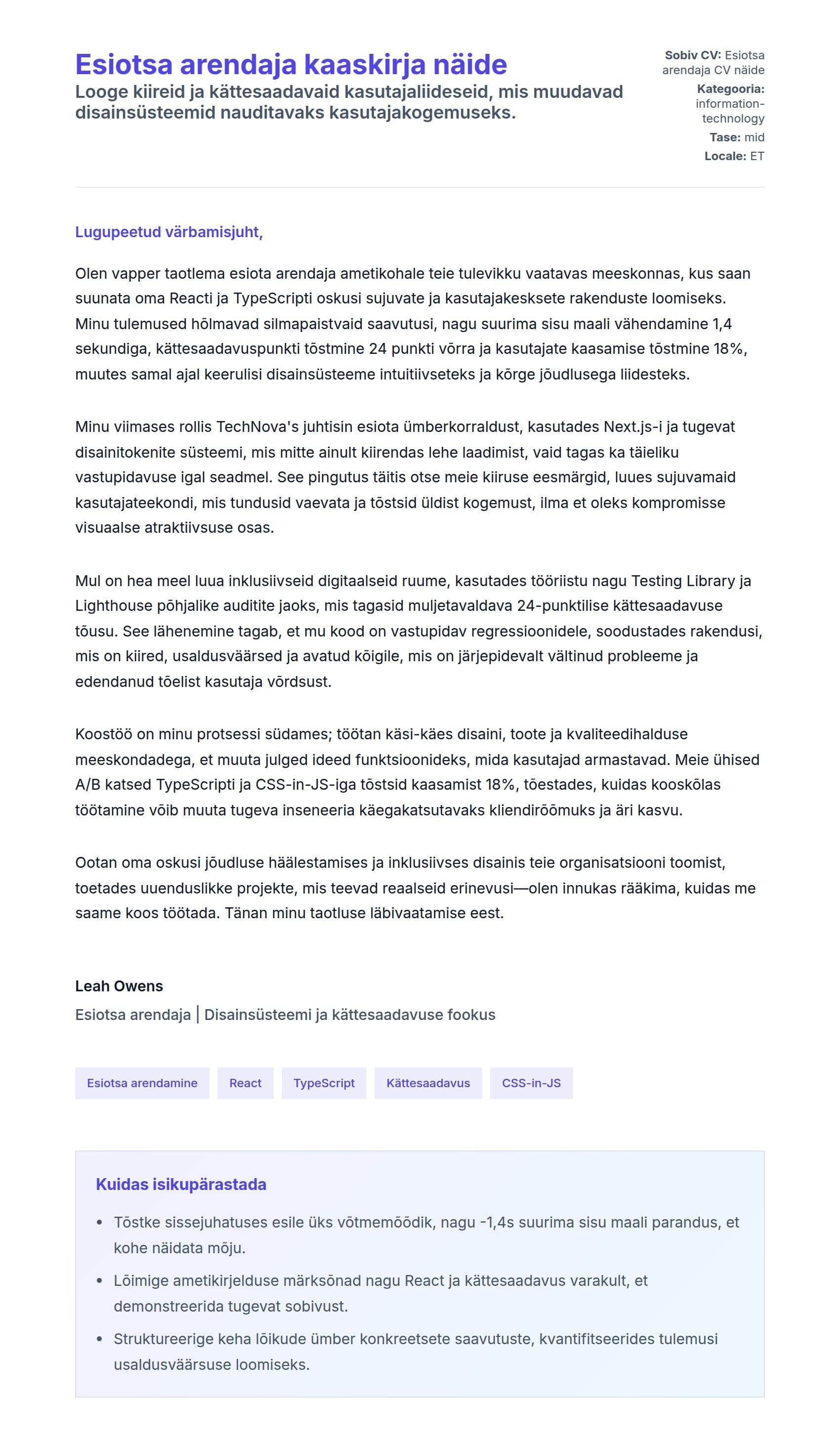 Kaaskirja eelvaade Esiotsa arendaja kaaskirja näide jaoks