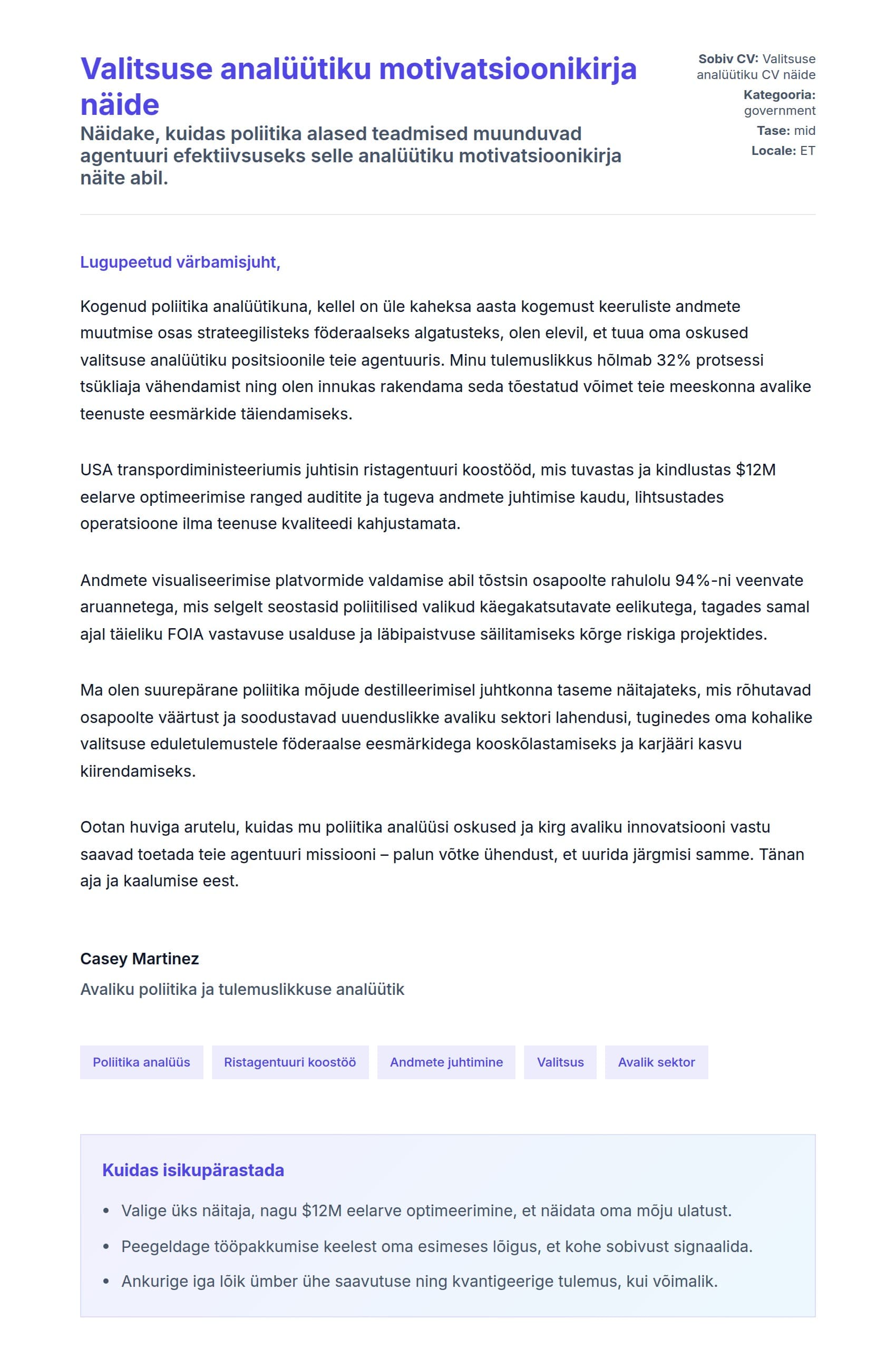 Kaaskirja eelvaade Valitsuse analüütiku motivatsioonikirja näide jaoks
