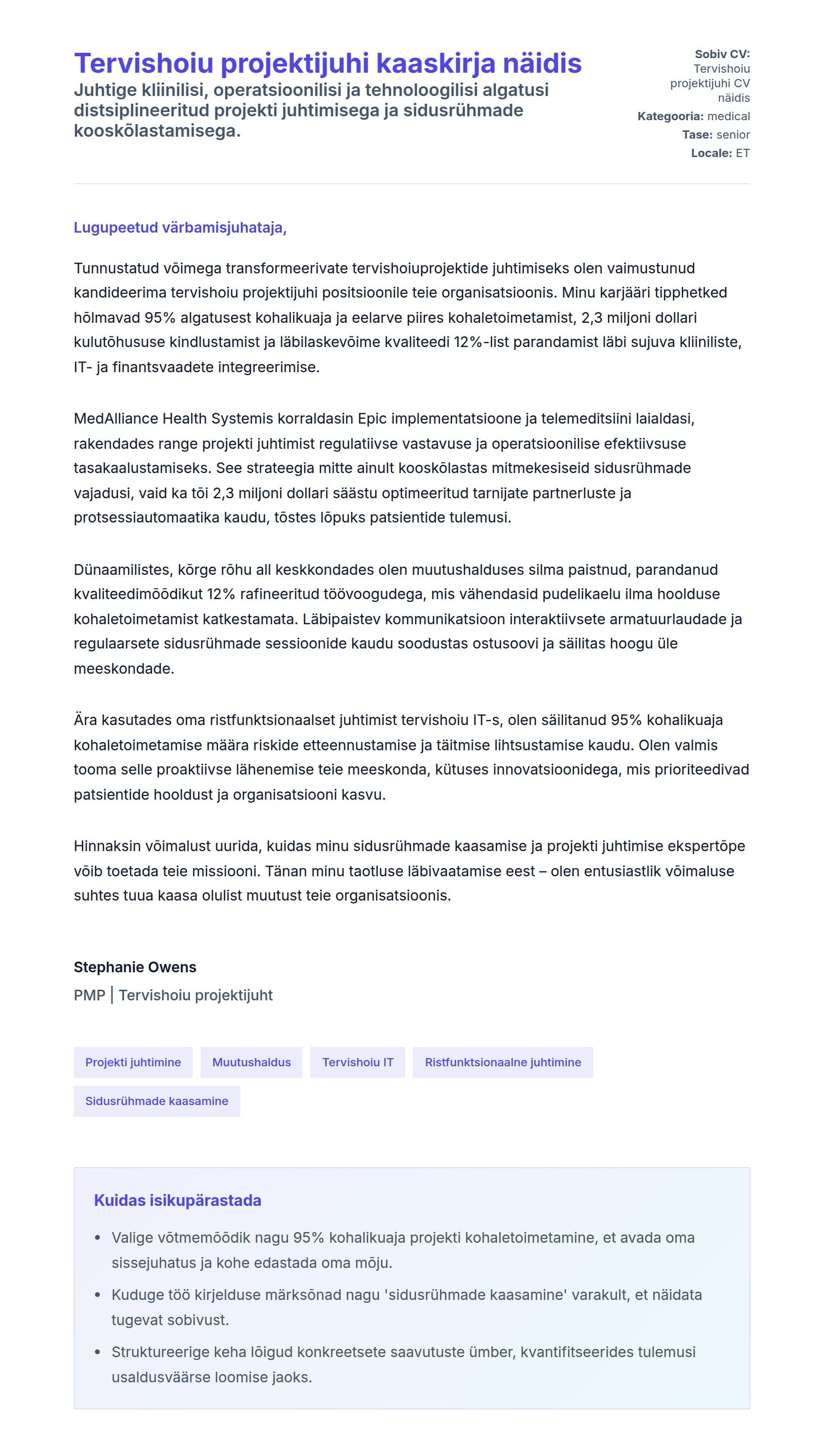 Kaaskirja eelvaade Tervishoiu projektijuhi kaaskirja näidis jaoks