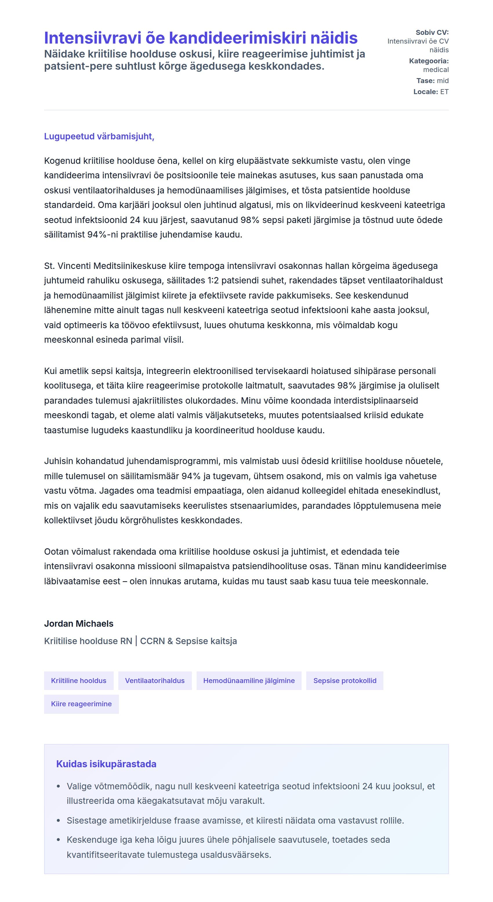Kaaskirja eelvaade Intensiivravi õe kandideerimiskiri näidis jaoks