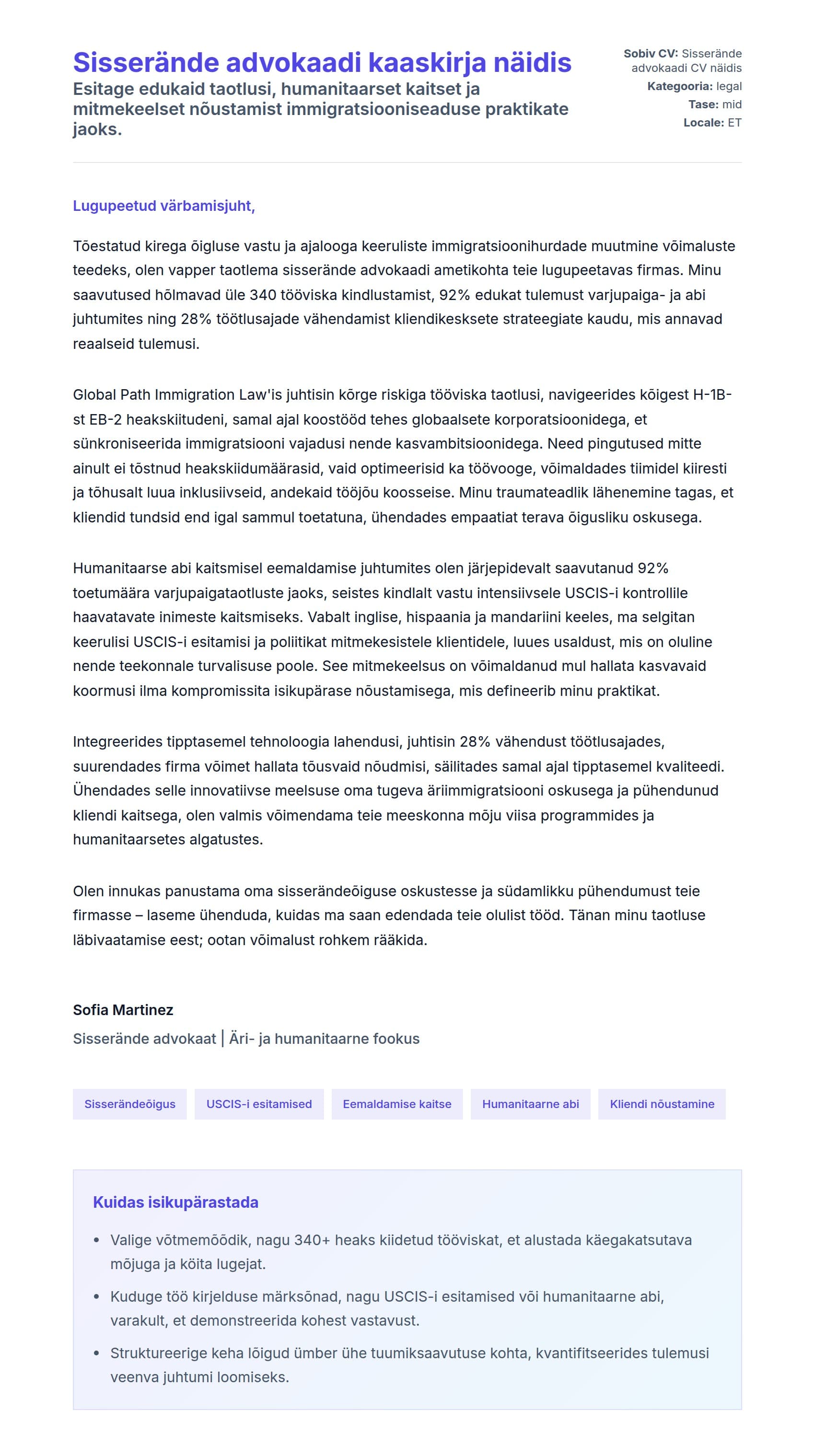 Kaaskirja eelvaade Sisserände advokaadi kaaskirja näidis jaoks