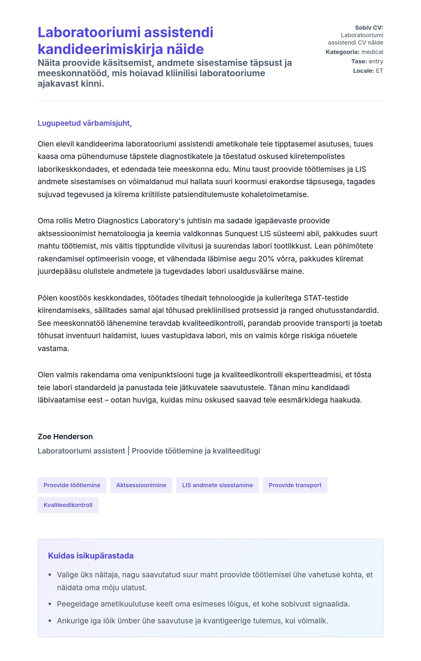 Kaaskirja eelvaade Laboratooriumi assistendi kandideerimiskirja näide jaoks