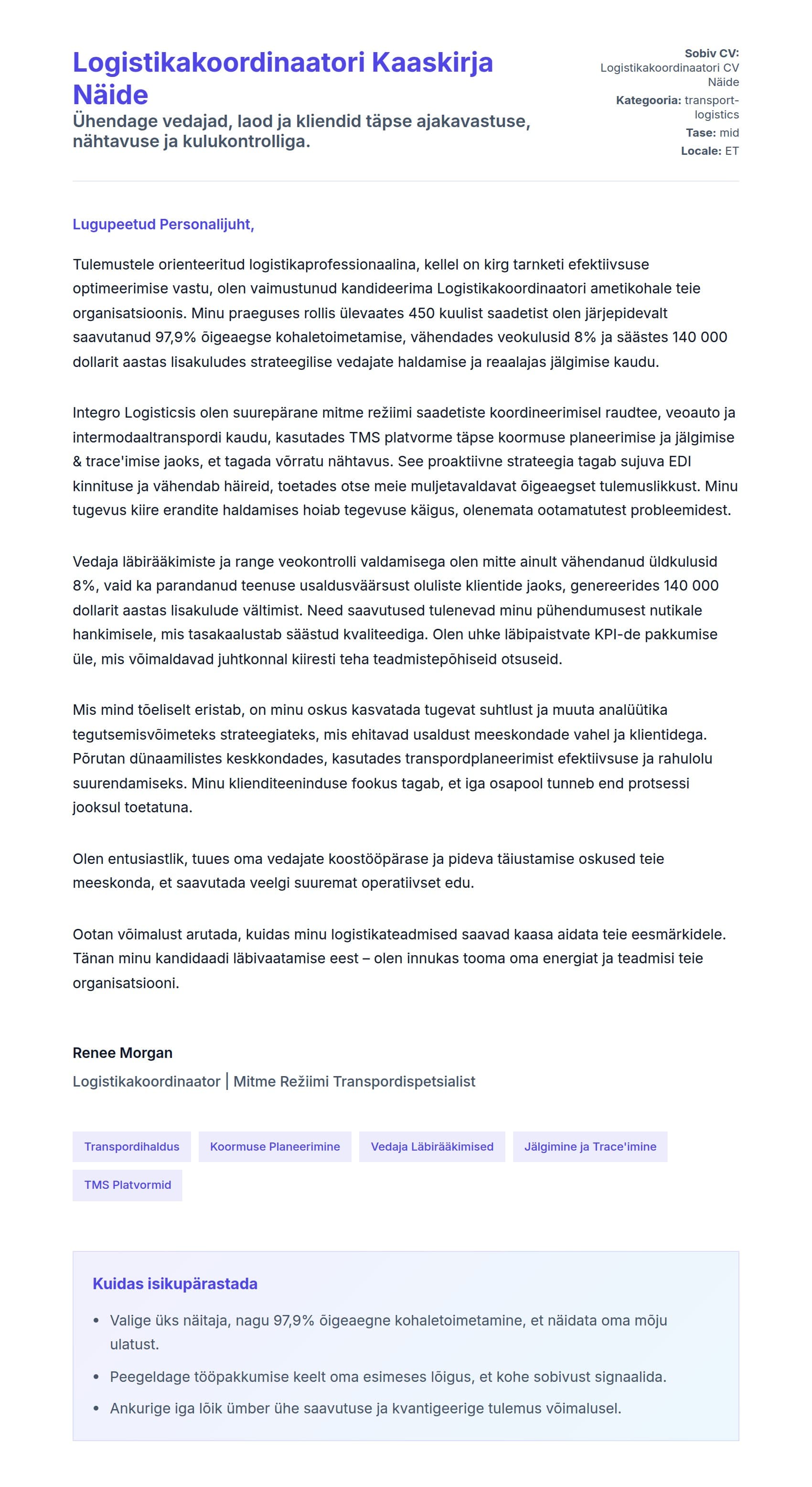 Kaaskirja eelvaade Logistikakoordinaatori Kaaskirja Näide jaoks