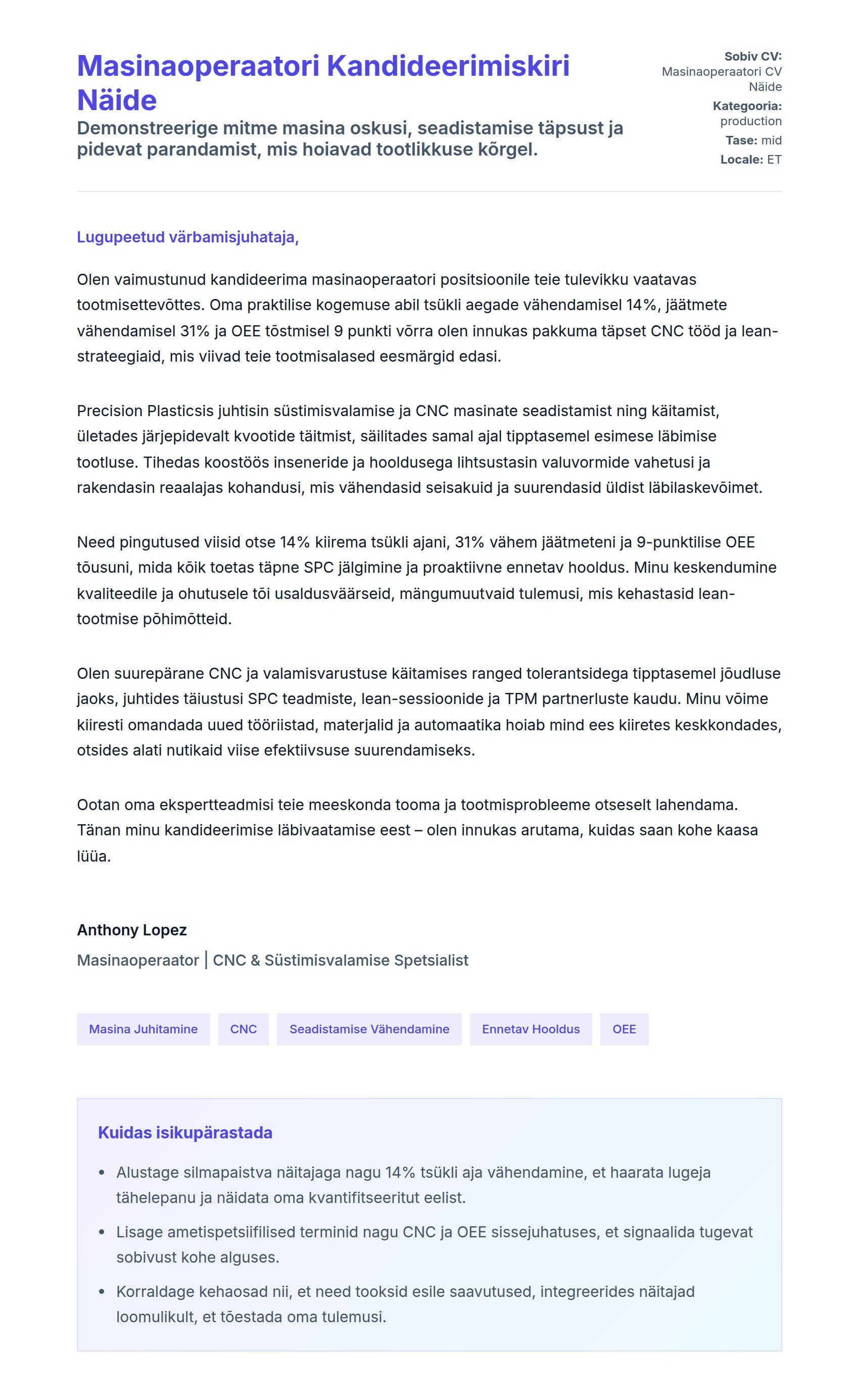 Kaaskirja eelvaade Masinaoperaatori Kandideerimiskiri Näide jaoks
