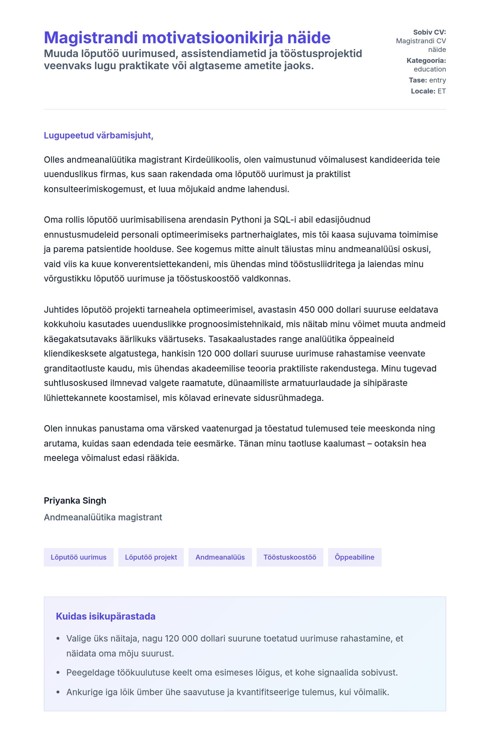 Kaaskirja eelvaade Magistrandi motivatsioonikirja näide jaoks