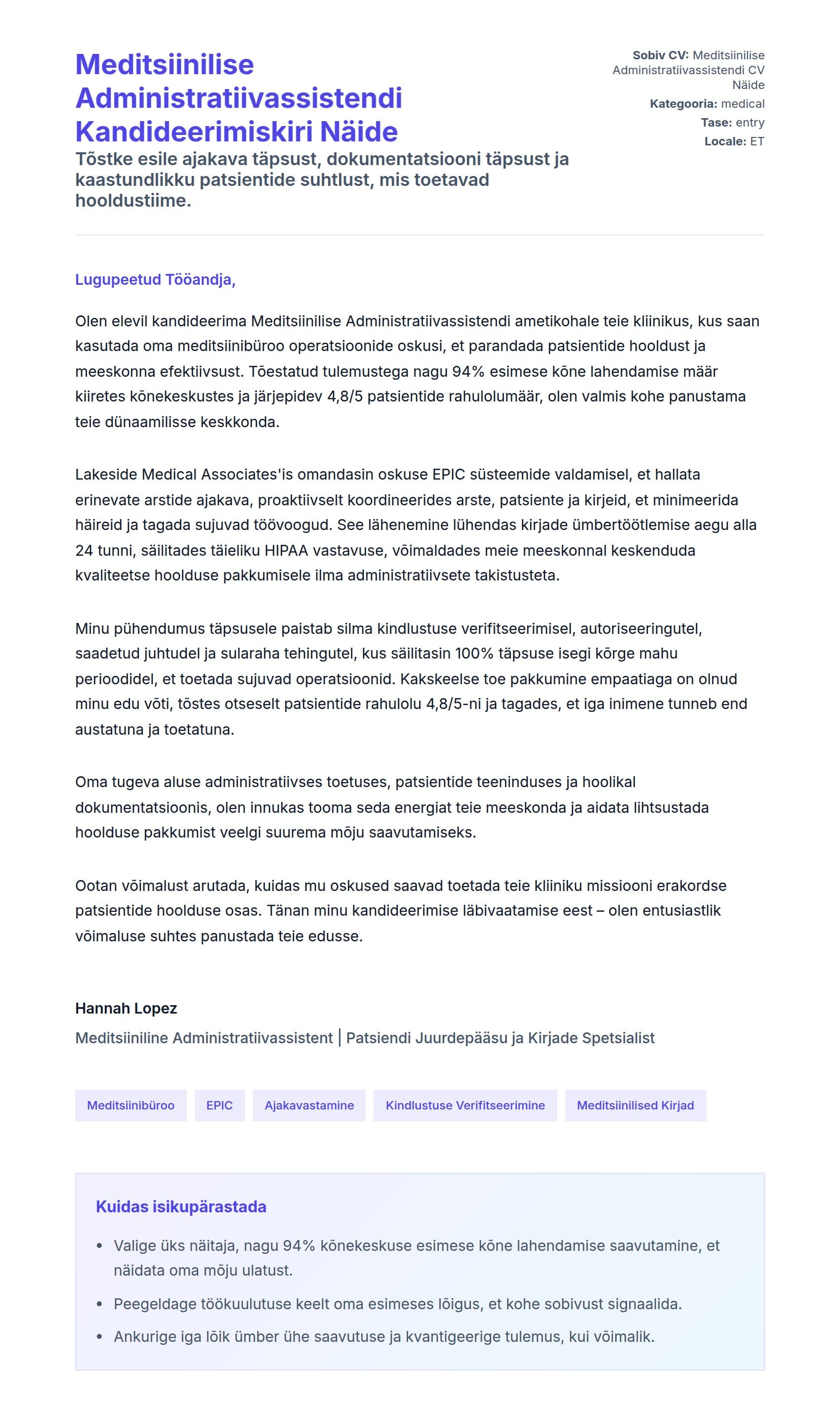 Kaaskirja eelvaade Meditsiinilise Administratiivassistendi Kandideerimiskiri Näide jaoks