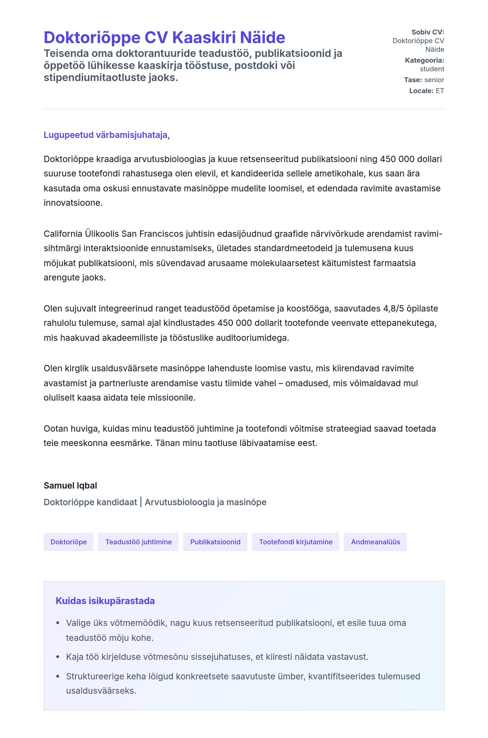 Kaaskirja eelvaade Doktoriõppe CV Kaaskiri Näide jaoks