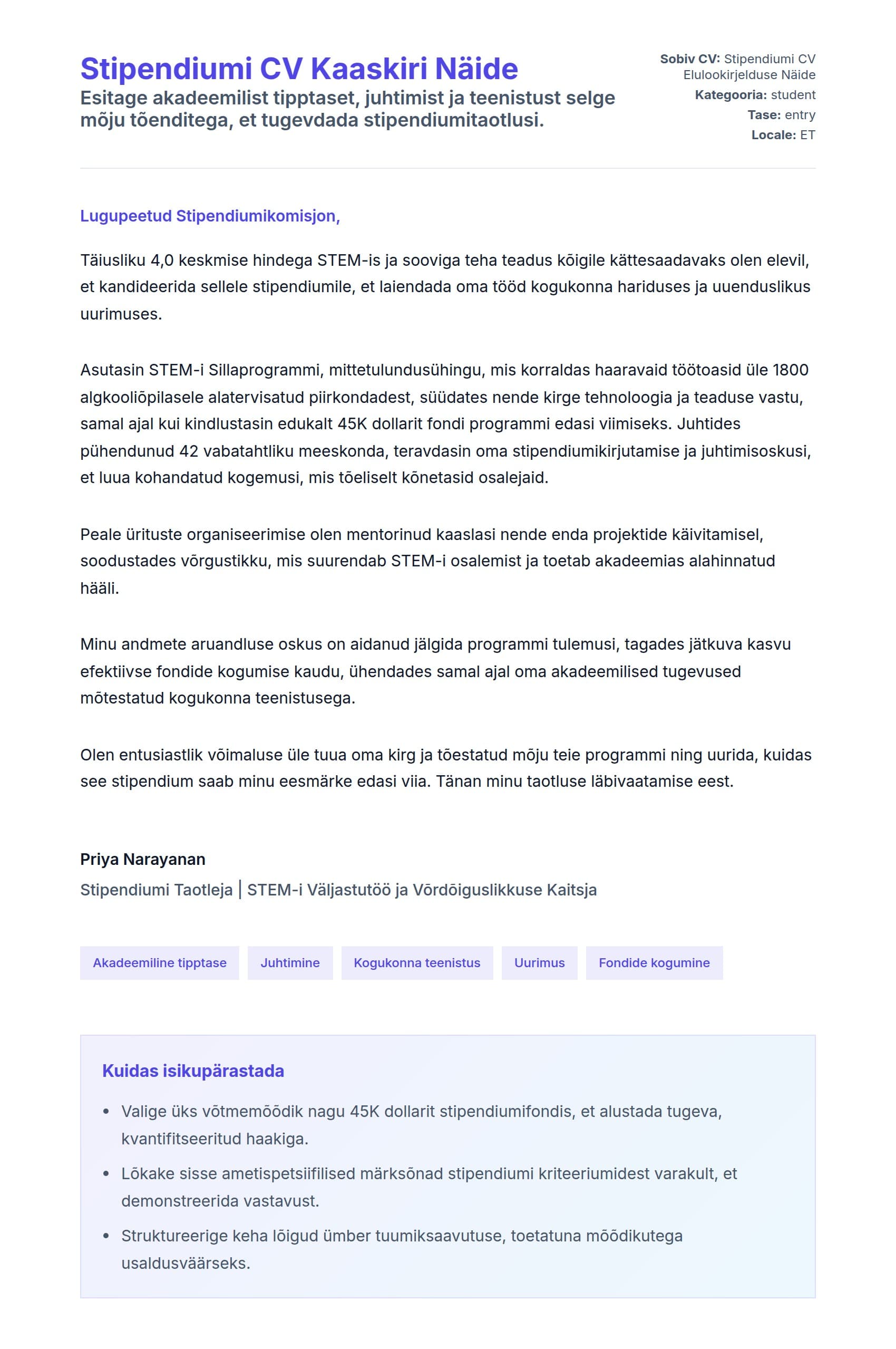 Kaaskirja eelvaade Stipendiumi CV Kaaskiri Näide jaoks