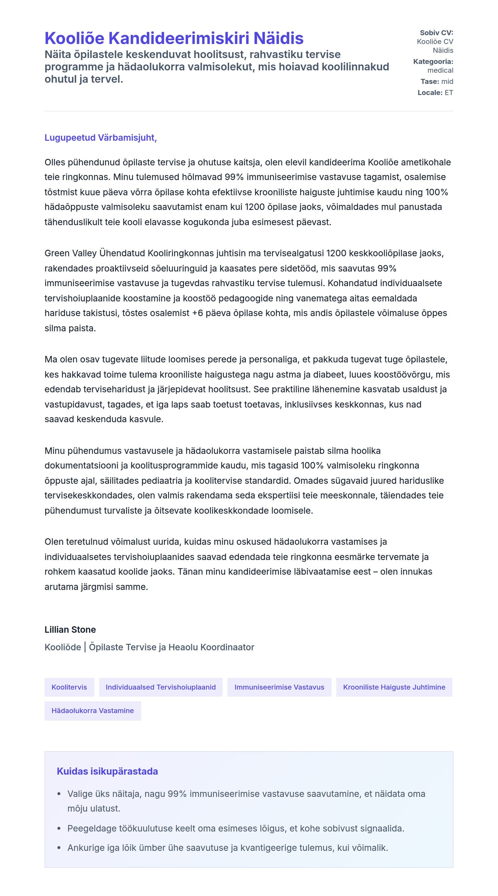 Kaaskirja eelvaade Kooliõe Kandideerimiskiri Näidis jaoks