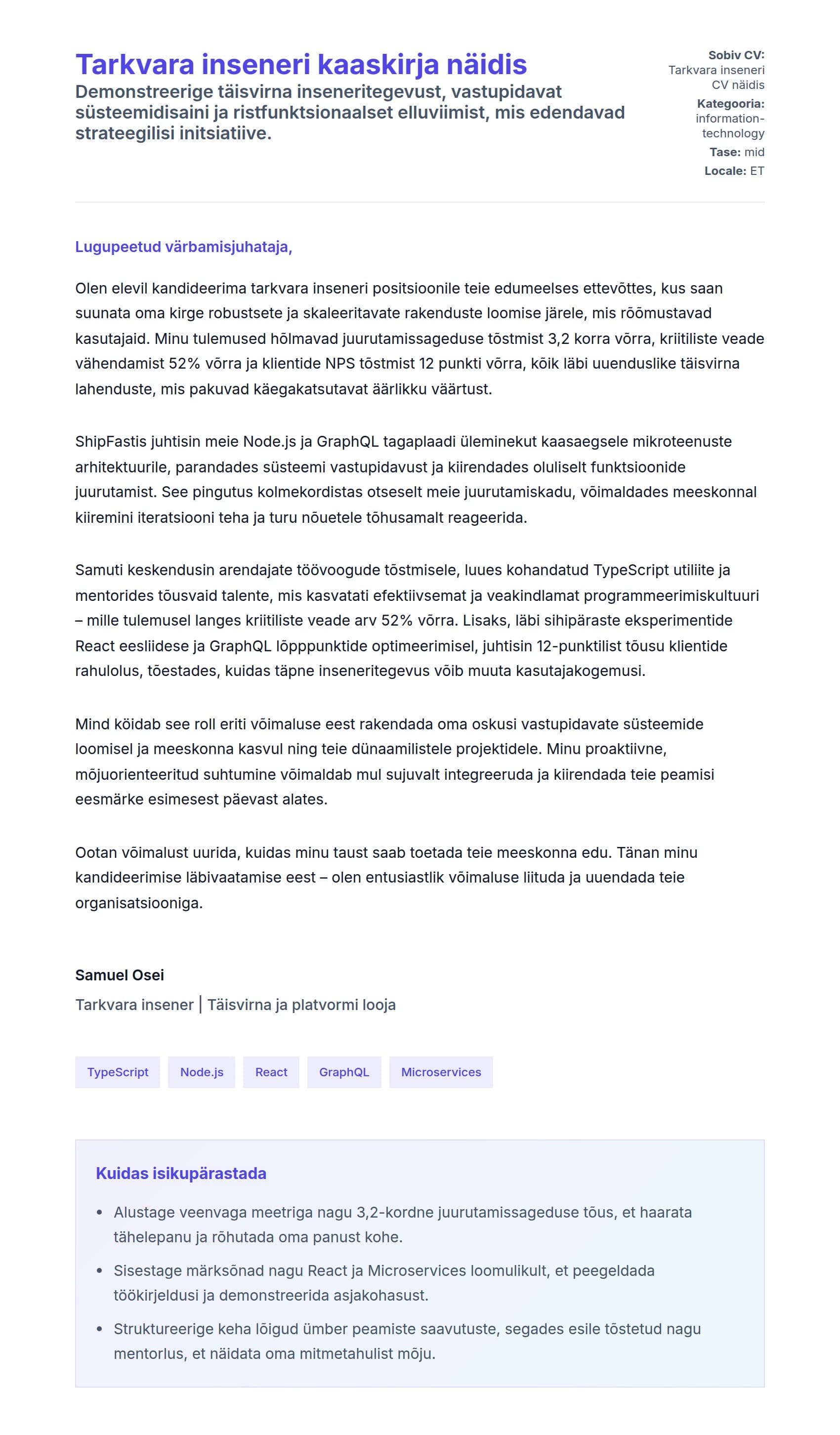 Kaaskirja eelvaade Tarkvara inseneri kaaskirja näidis jaoks