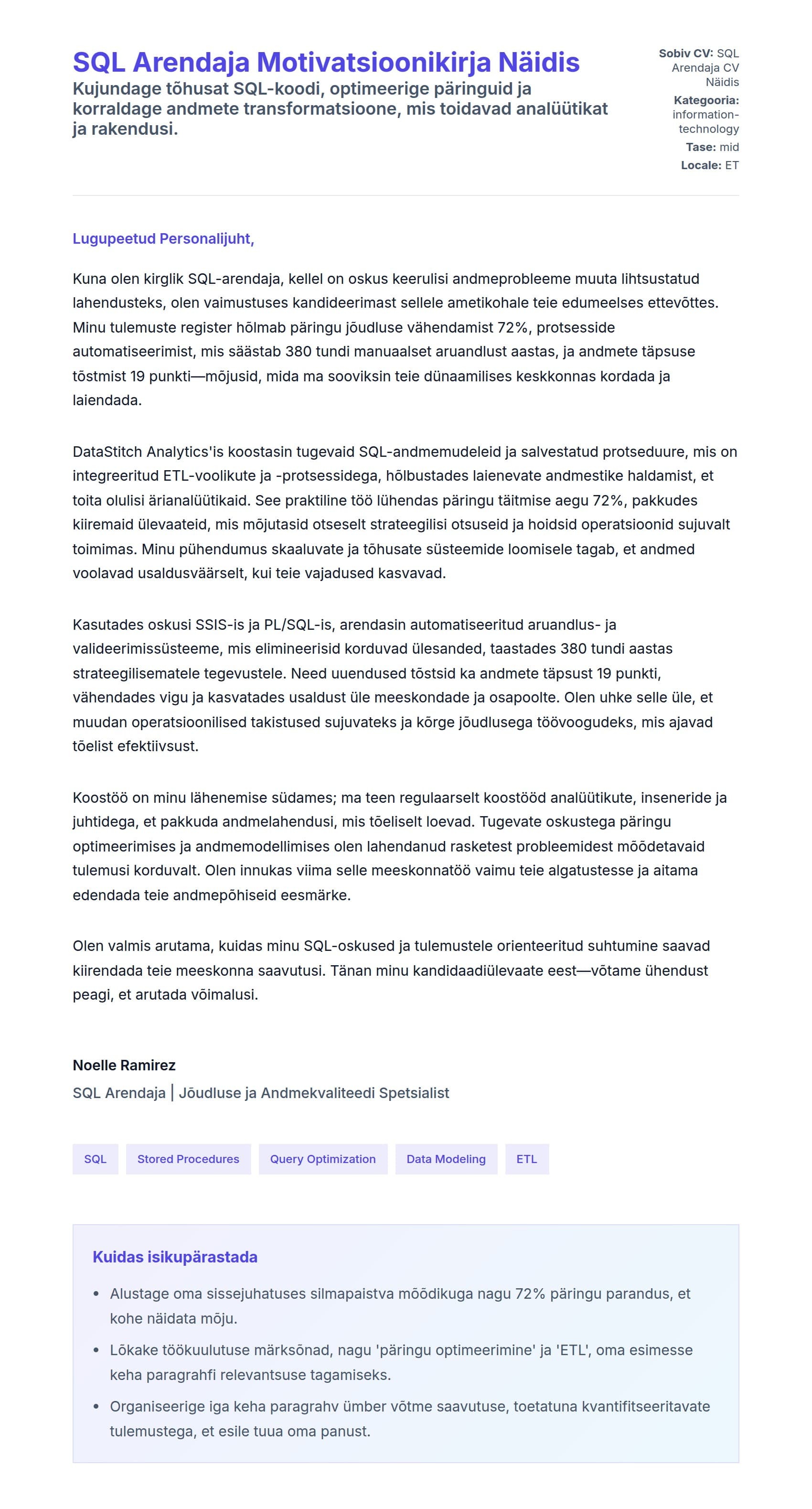 Kaaskirja eelvaade SQL Arendaja Motivatsioonikirja Näidis jaoks