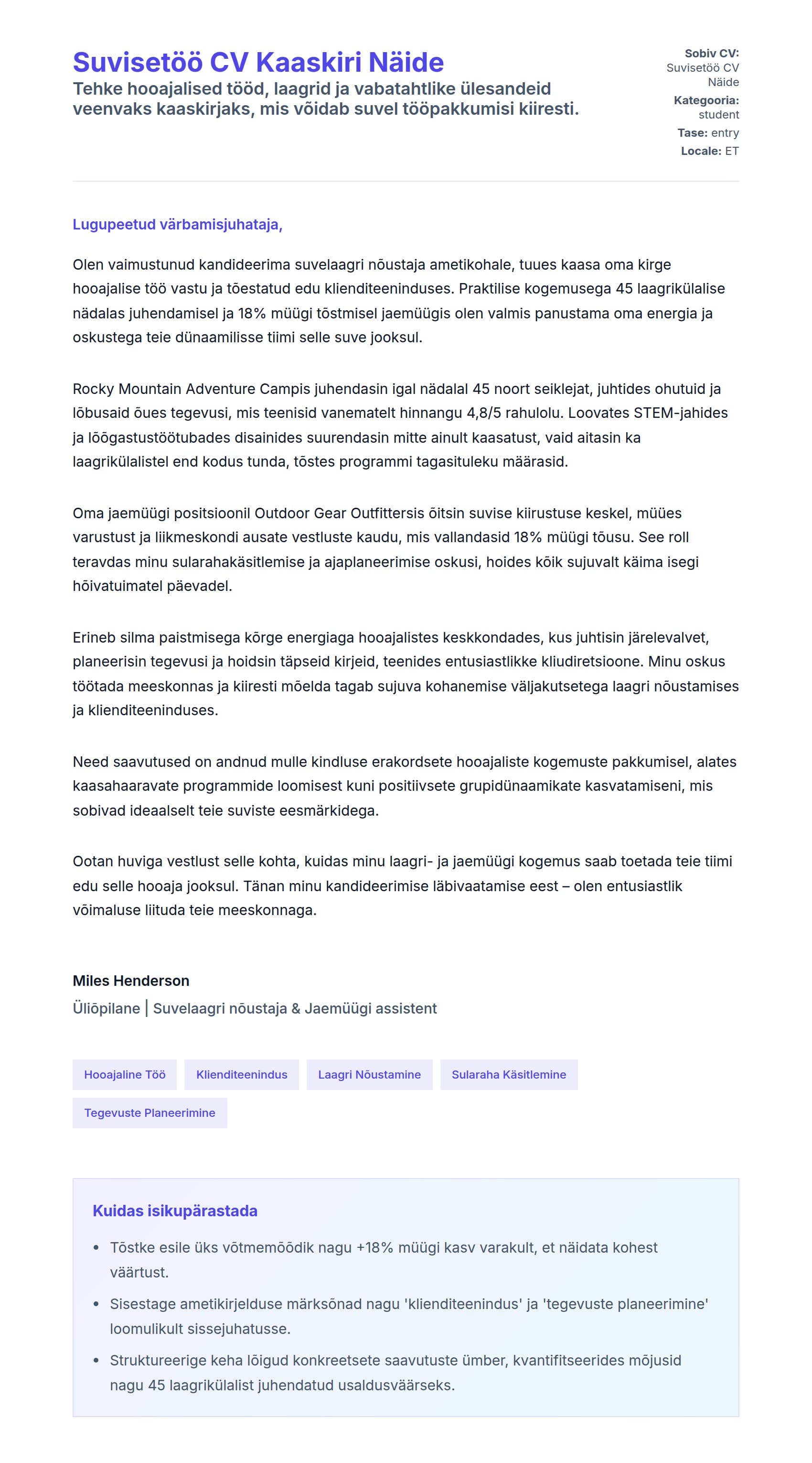 Kaaskirja eelvaade Suvisetöö CV Kaaskiri Näide jaoks