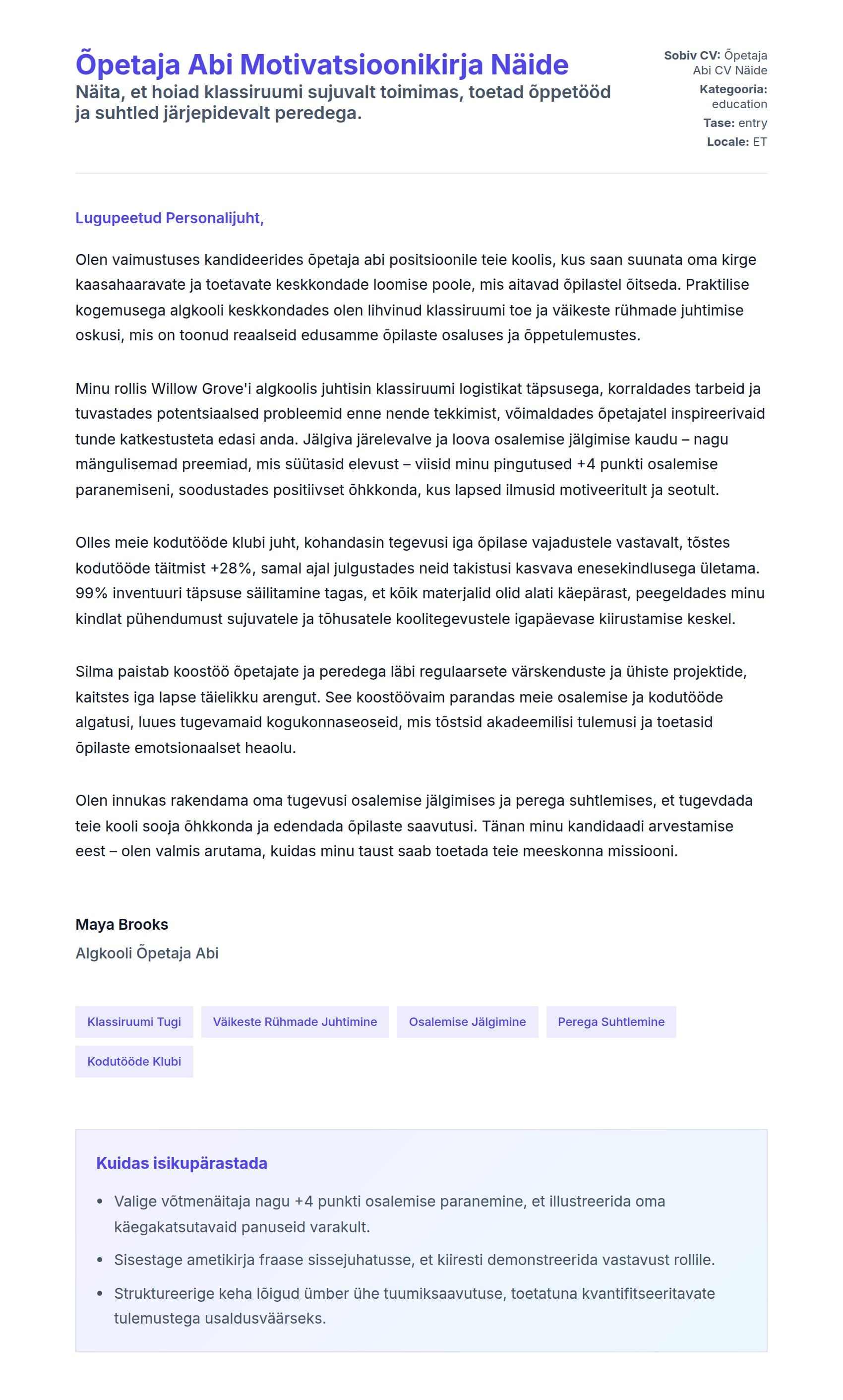 Kaaskirja eelvaade Õpetaja Abi Motivatsioonikirja Näide jaoks
