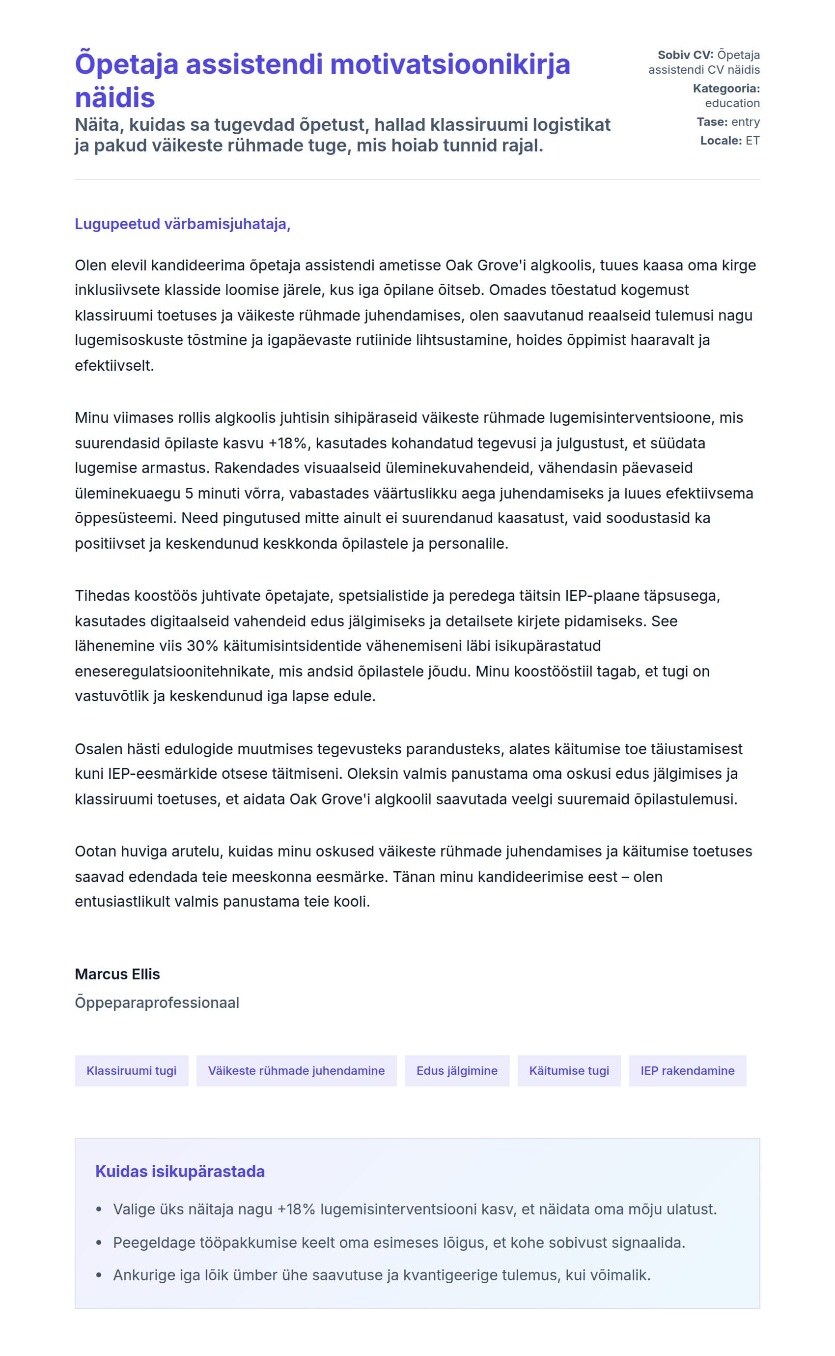 Kaaskirja eelvaade Õpetaja assistendi motivatsioonikirja näidis jaoks
