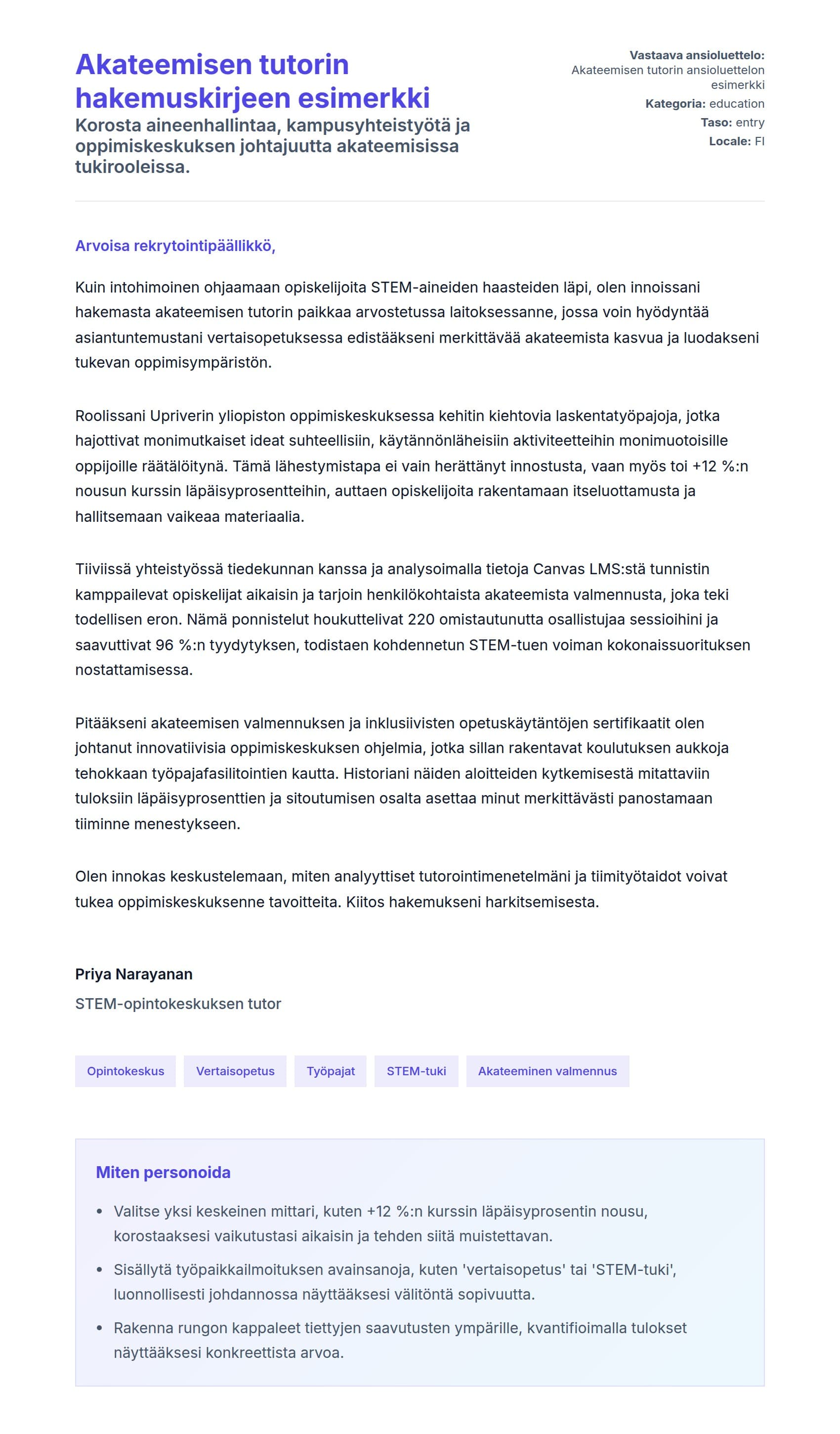 Työhakemuskirjeen esikatselu kohteelle Akateemisen tutorin hakemuskirjeen esimerkki