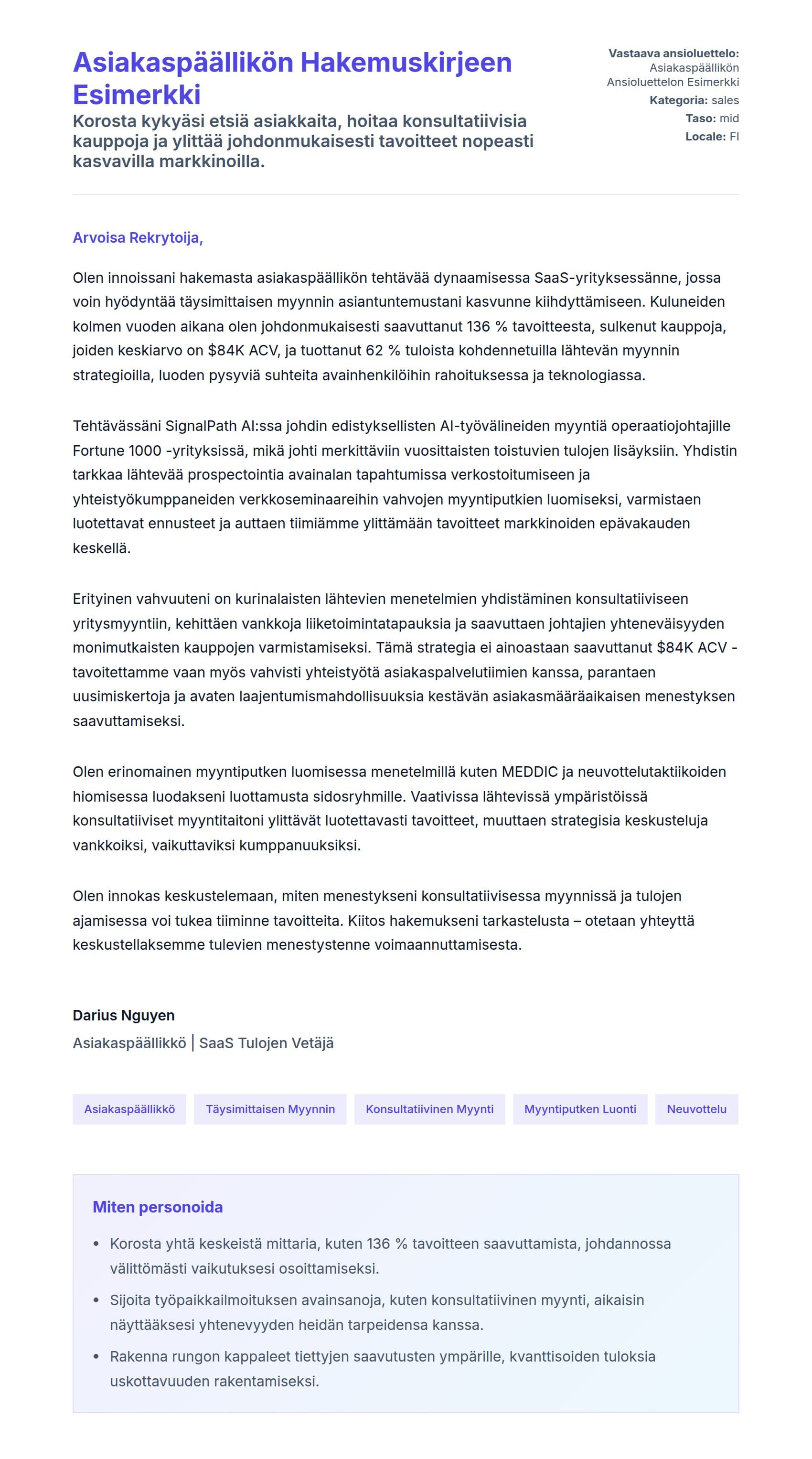 Työhakemuskirjeen esikatselu kohteelle Asiakaspäällikön Hakemuskirjeen Esimerkki