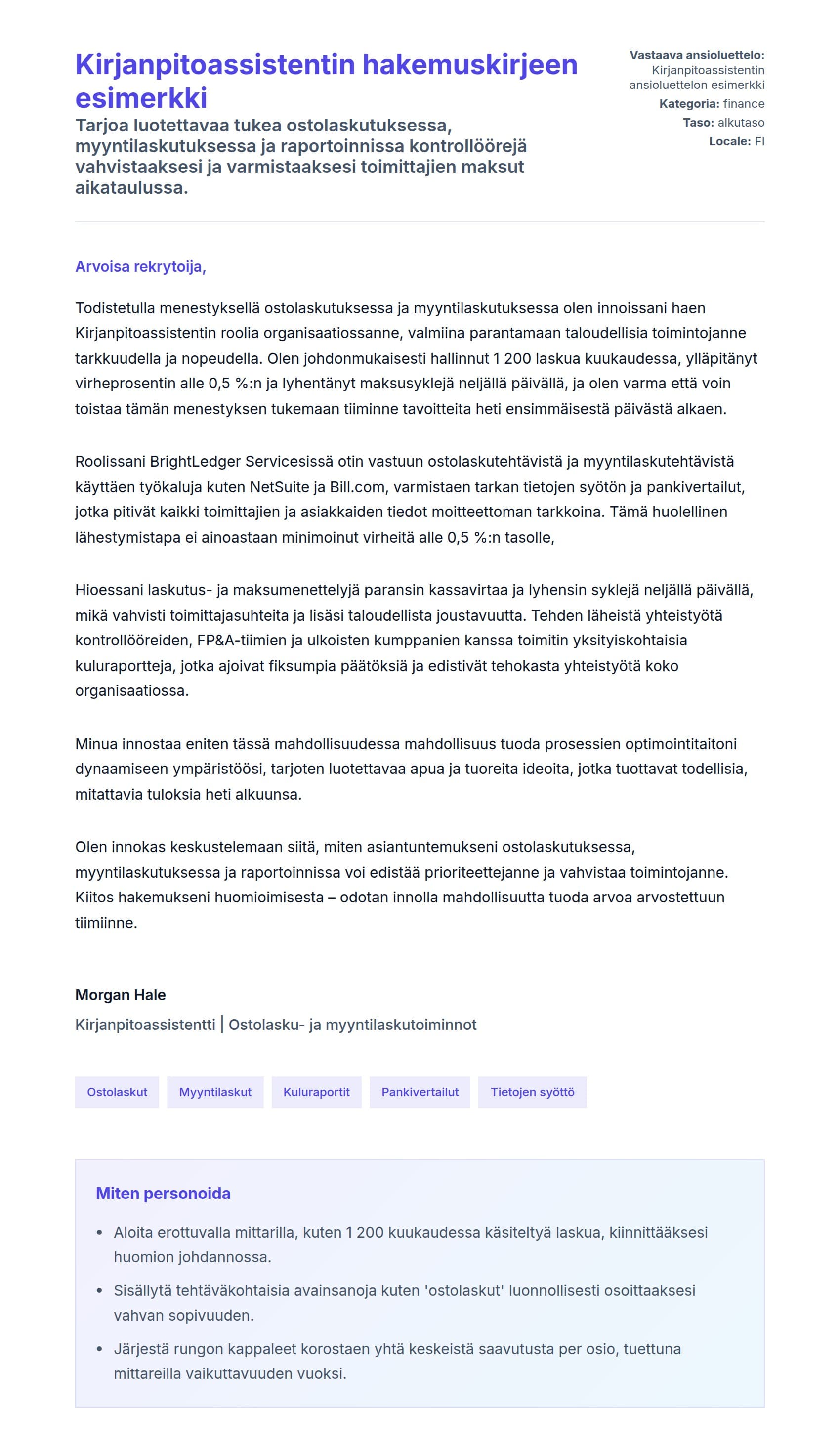 Työhakemuskirjeen esikatselu kohteelle Kirjanpitoassistentin hakemuskirjeen esimerkki