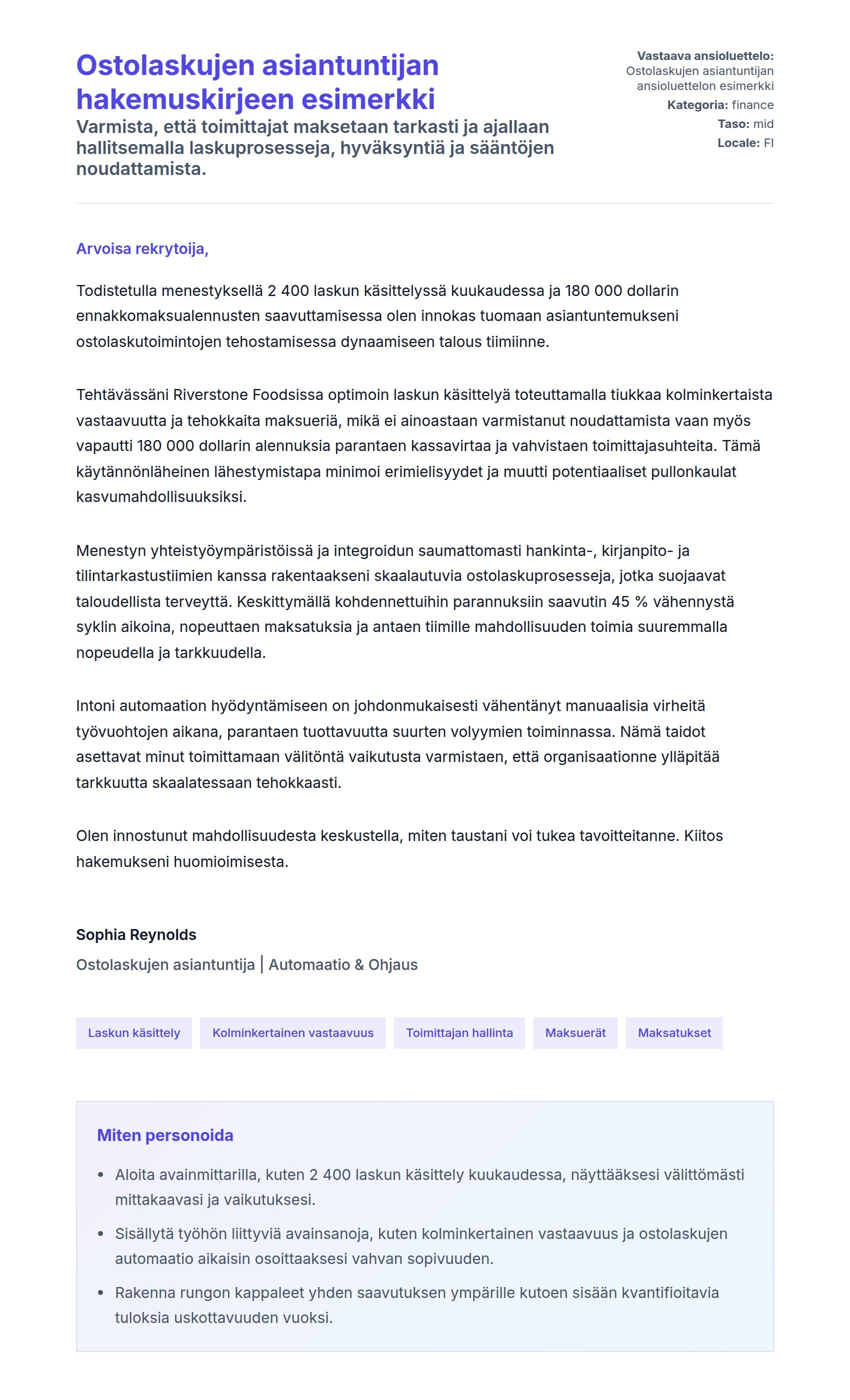 Työhakemuskirjeen esikatselu kohteelle Ostolaskujen asiantuntijan hakemuskirjeen esimerkki