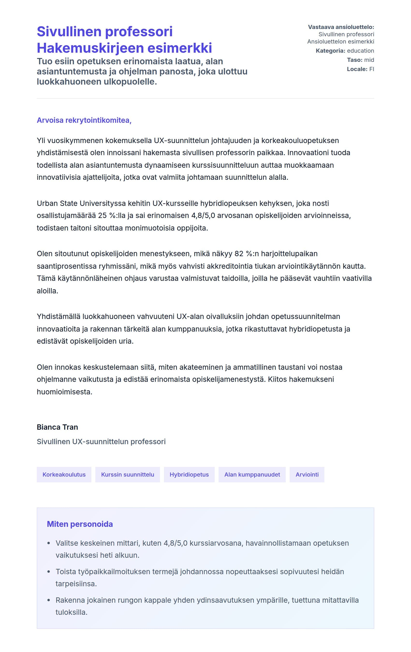 Työhakemuskirjeen esikatselu kohteelle Sivullinen professori Hakemuskirjeen esimerkki