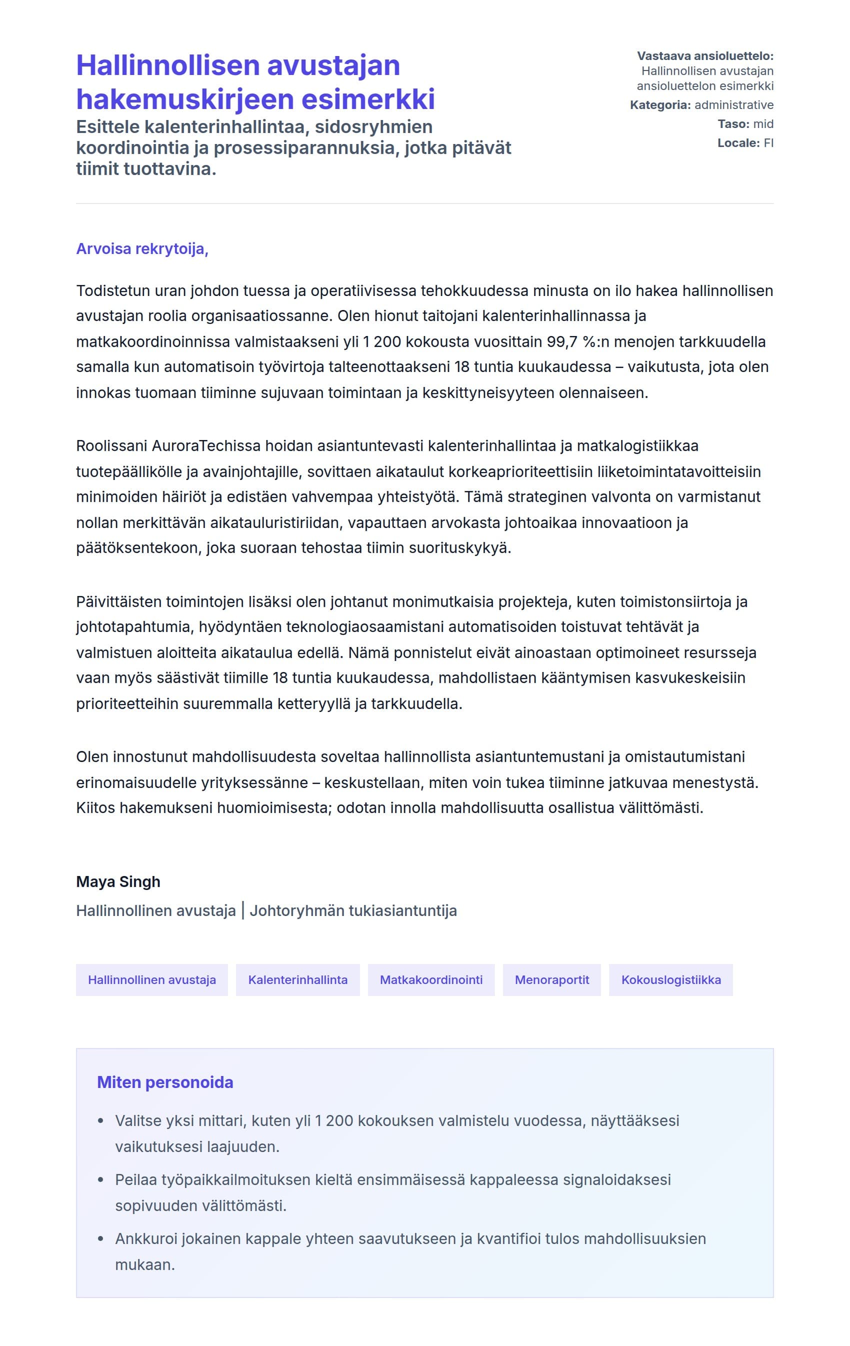 Työhakemuskirjeen esikatselu kohteelle Hallinnollisen avustajan hakemuskirjeen esimerkki