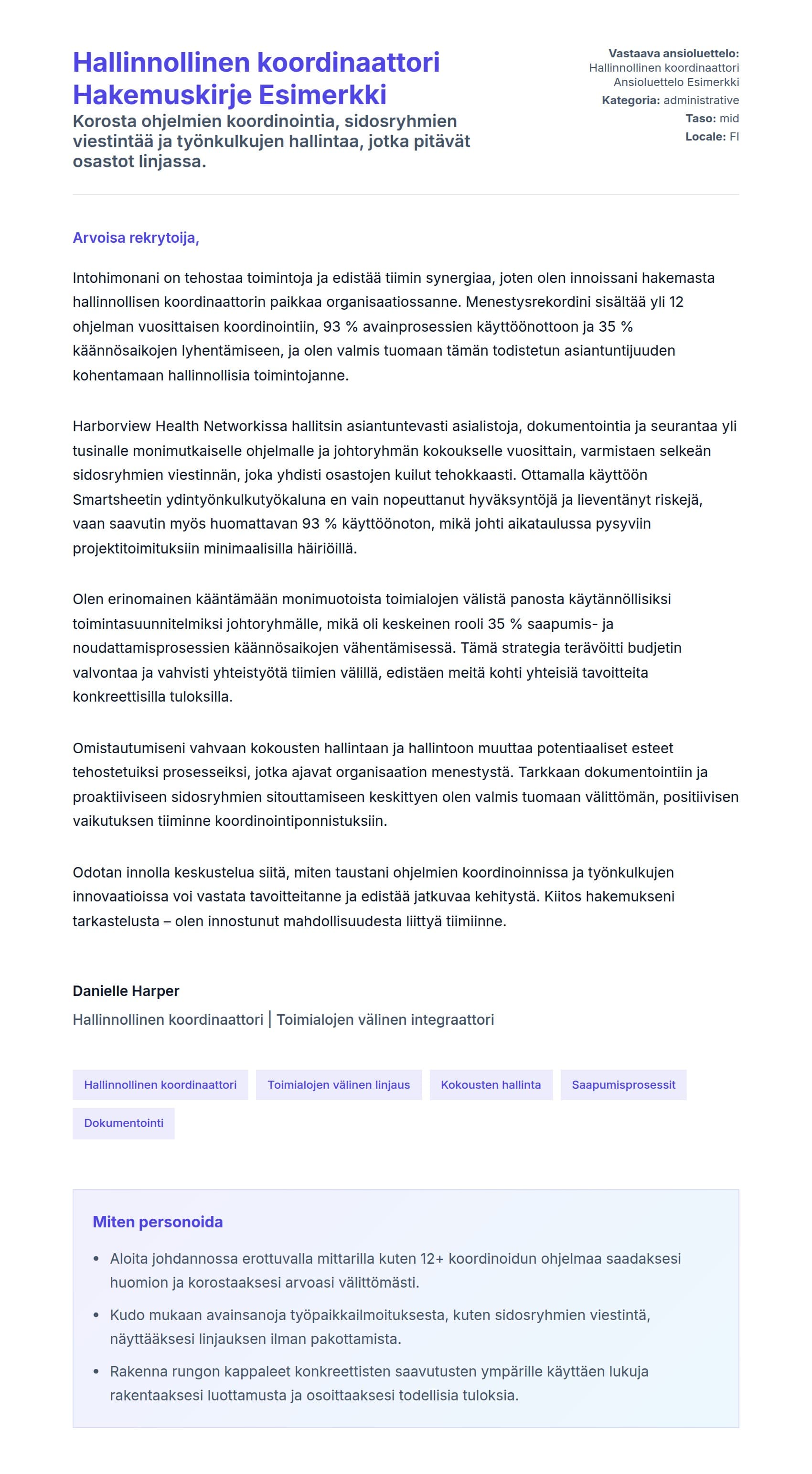 Työhakemuskirjeen esikatselu kohteelle Hallinnollinen koordinaattori Hakemuskirje Esimerkki