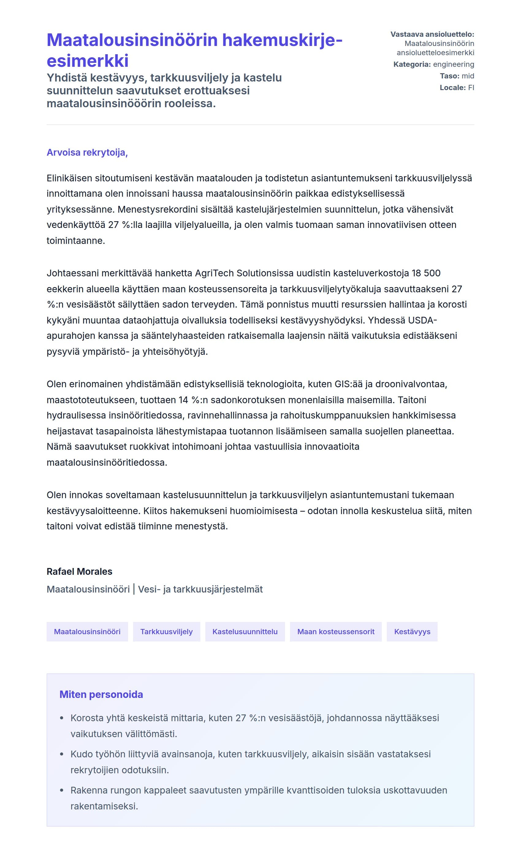 Työhakemuskirjeen esikatselu kohteelle Maatalousinsinöörin hakemuskirje-esimerkki
