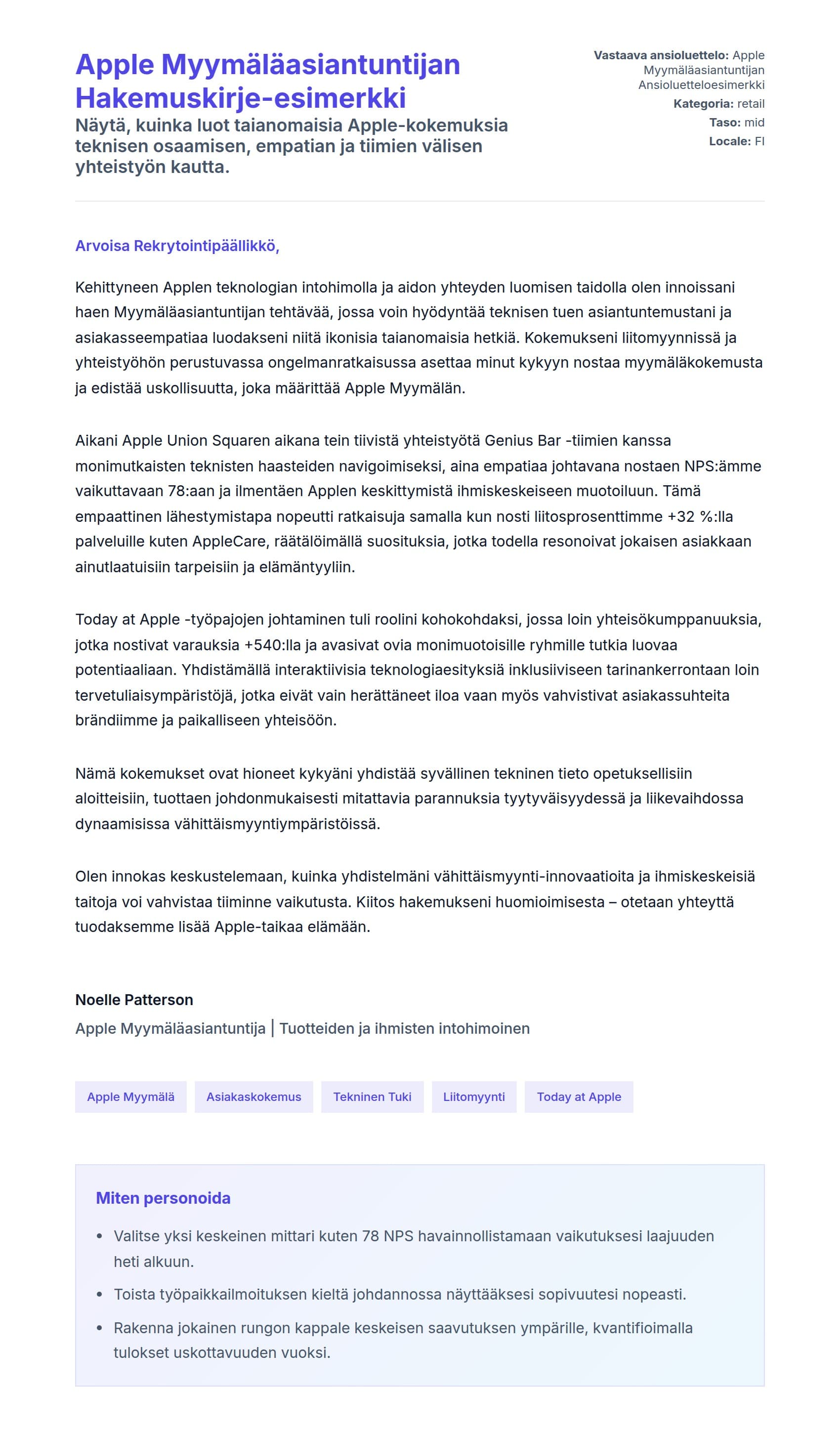 Työhakemuskirjeen esikatselu kohteelle Apple Myymäläasiantuntijan Hakemuskirje-esimerkki