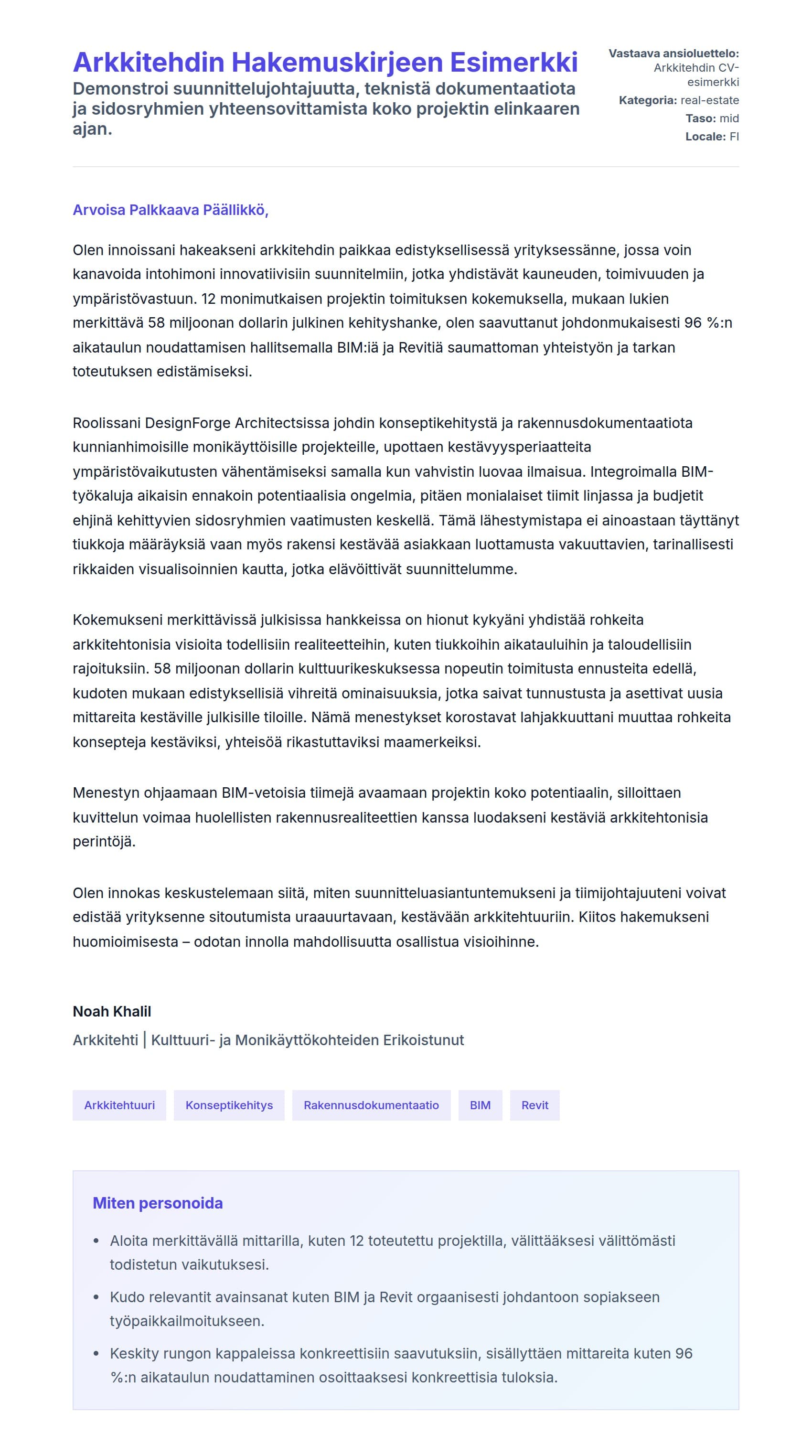 Työhakemuskirjeen esikatselu kohteelle Arkkitehdin Hakemuskirjeen Esimerkki