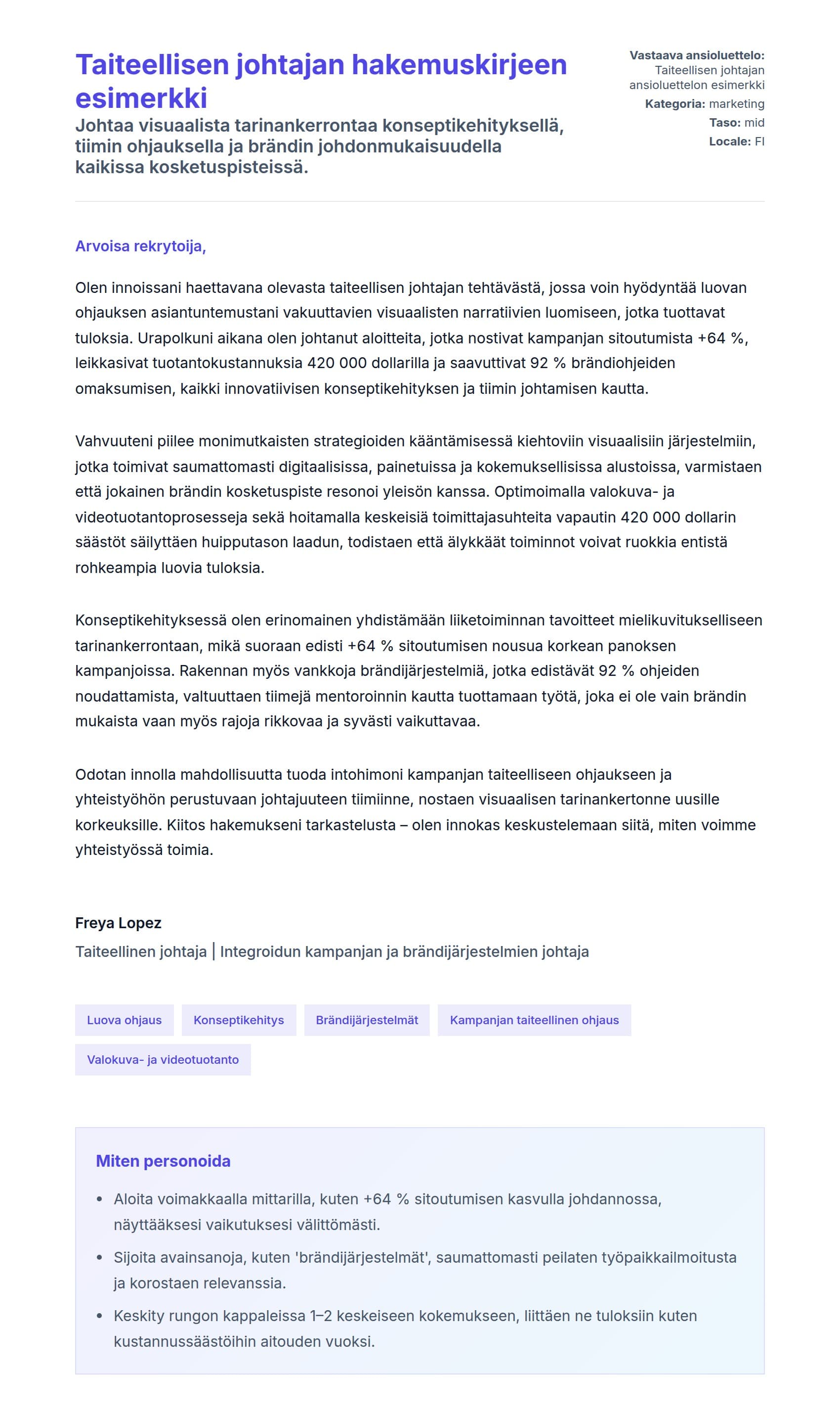 Työhakemuskirjeen esikatselu kohteelle Taiteellisen johtajan hakemuskirjeen esimerkki
