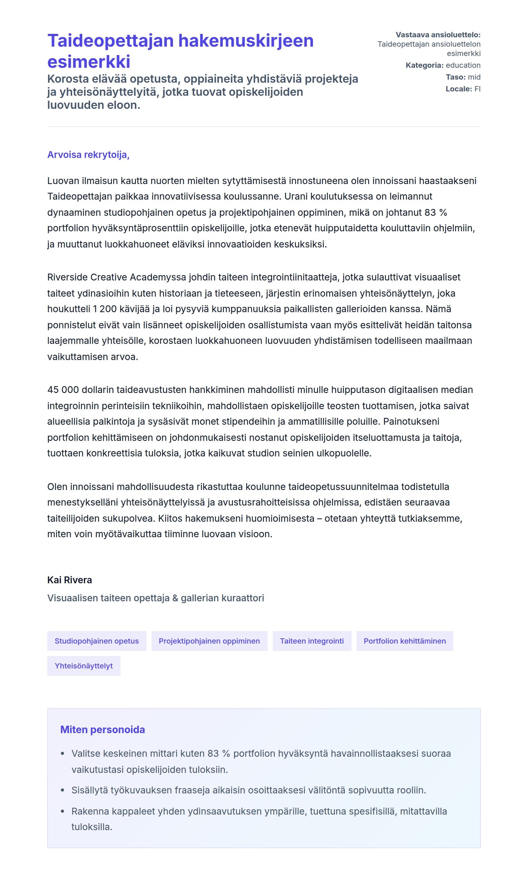 Työhakemuskirjeen esikatselu kohteelle Taideopettajan hakemuskirjeen esimerkki