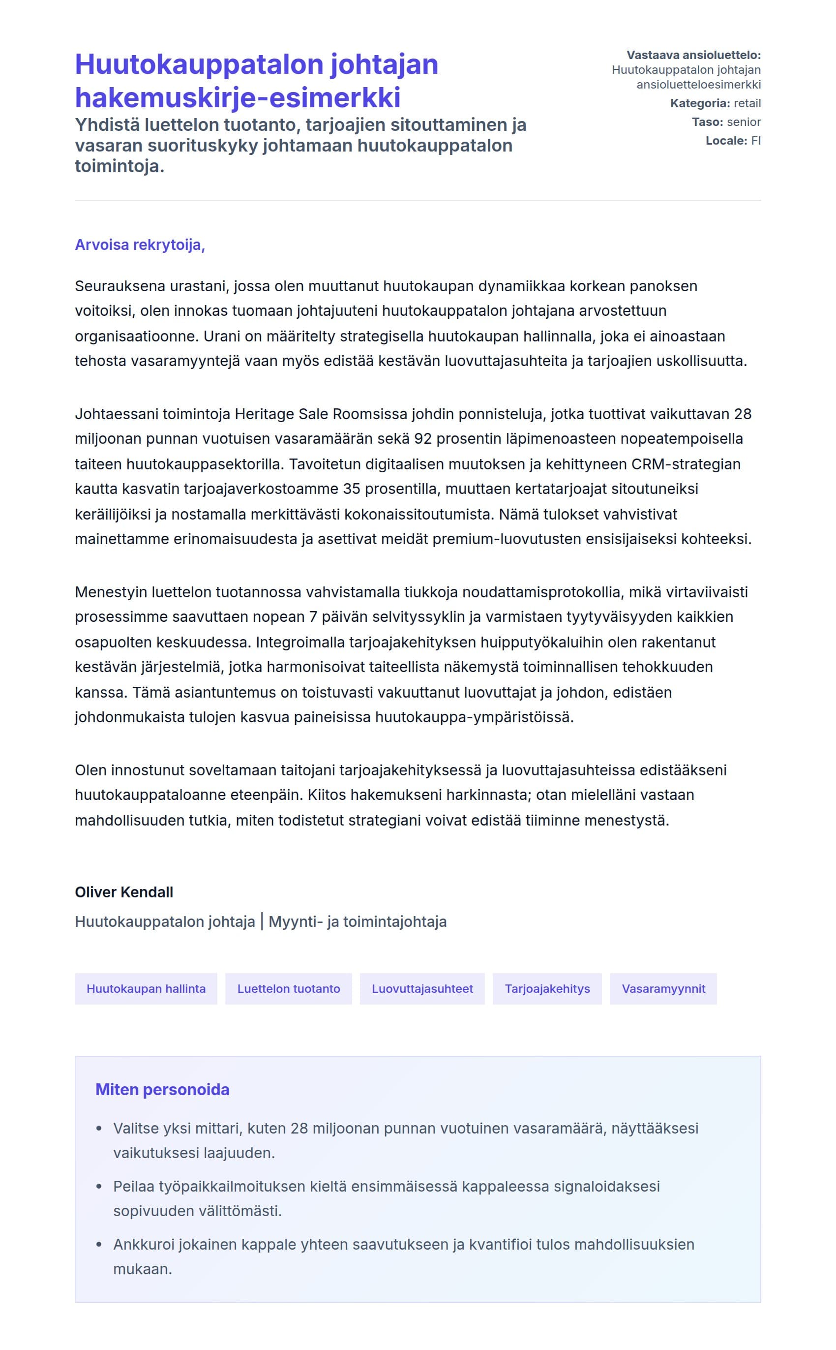 Työhakemuskirjeen esikatselu kohteelle Huutokauppatalon johtajan hakemuskirje-esimerkki